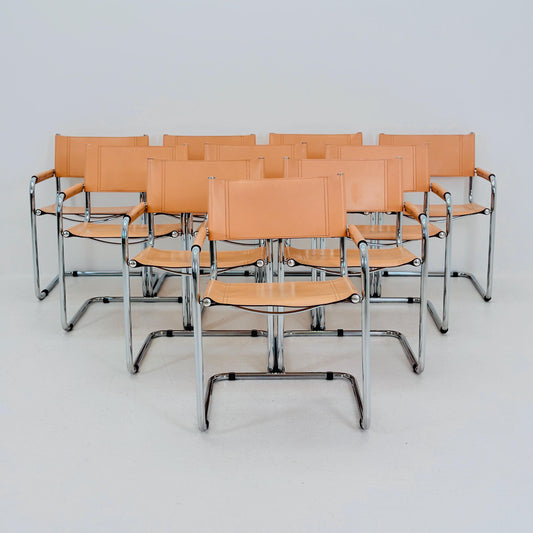 Set of 10 Mid century Bauhaus B34 Tan leather cantilever armchair by Mart Stam italy 1980s
