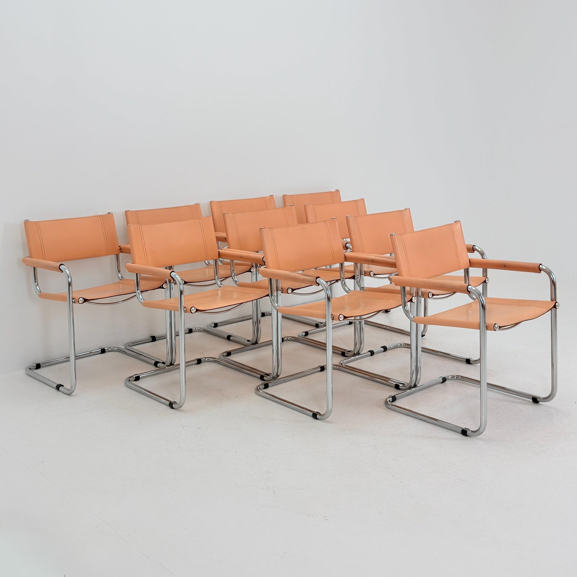 Set of 10 Mid century Bauhaus B34 Tan leather cantilever armchair by Mart Stam italy 1980s