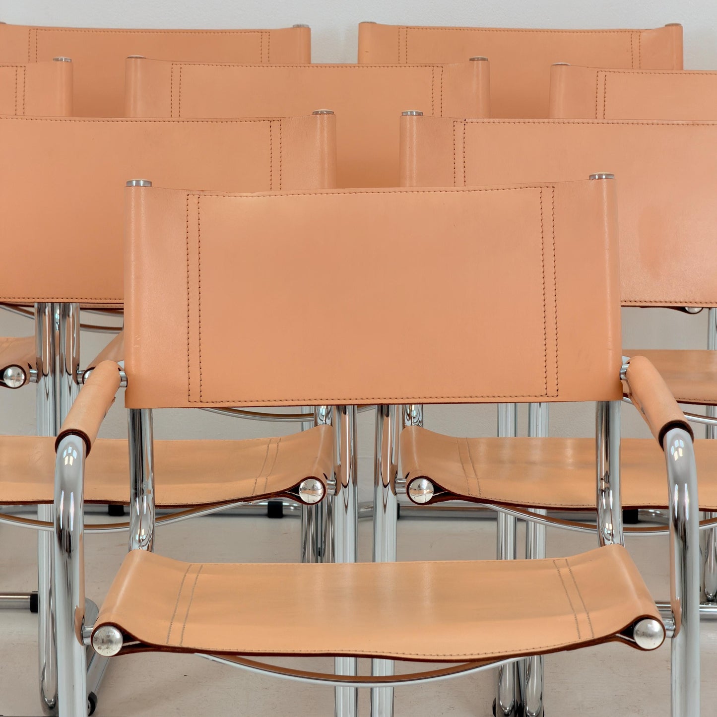 Set of 10 Mid century Bauhaus B34 Tan leather cantilever armchair by Mart Stam italy 1980s