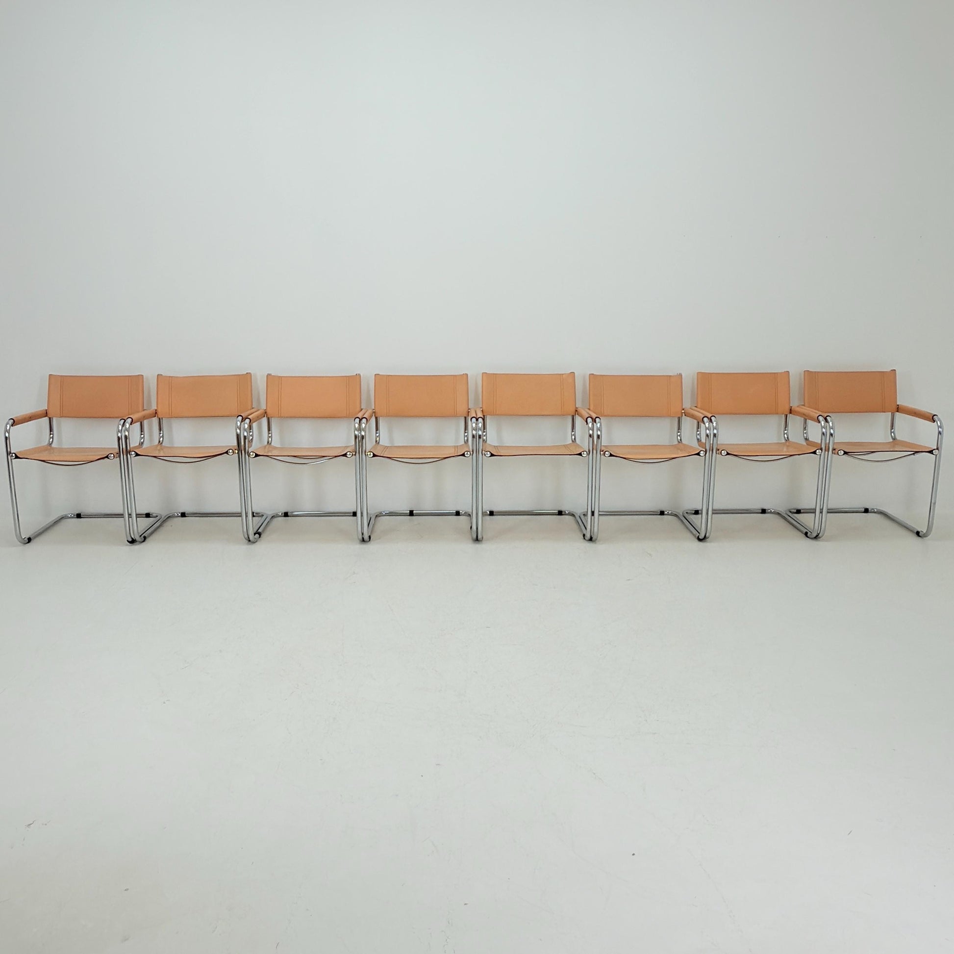 Set of 10 Mid century Bauhaus B34 Tan leather cantilever armchair by Mart Stam italy 1980s