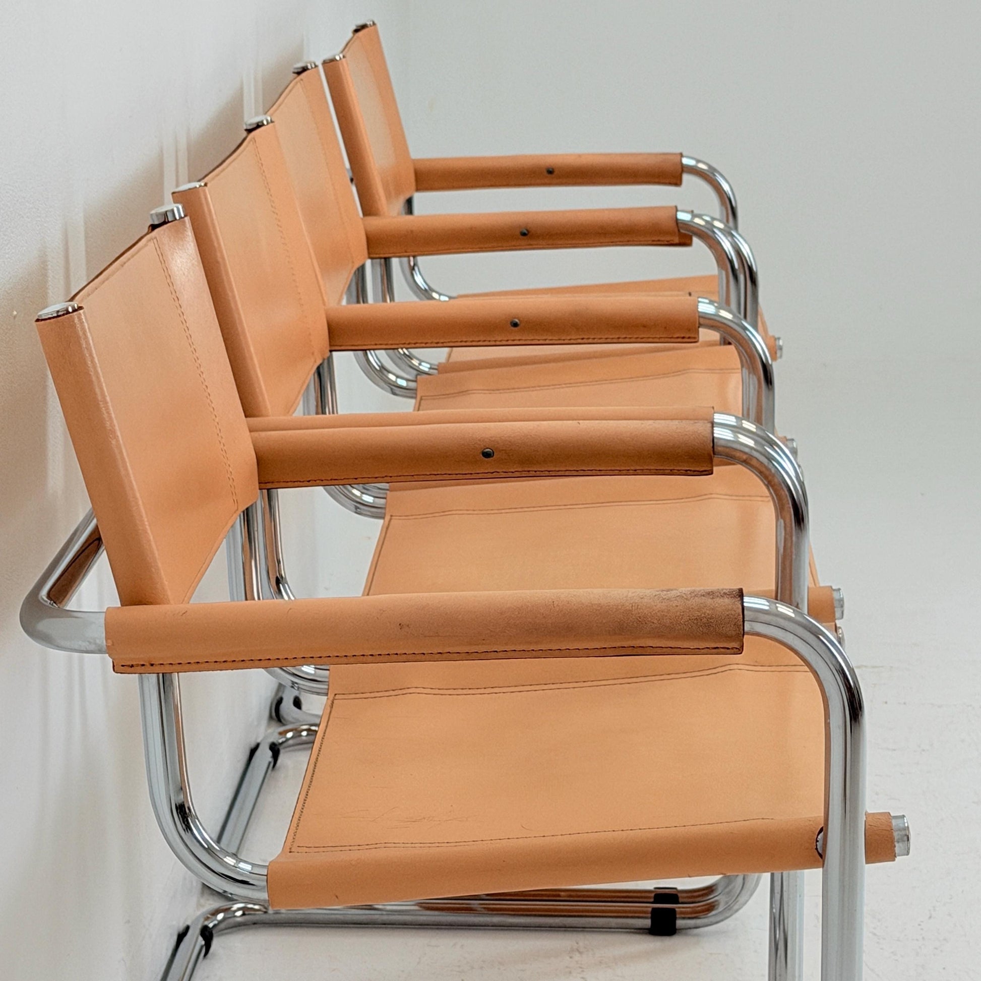 Set of 4 Mid century Bauhaus B34 Tan leather cantilever armchair by Mart Stam italy 1980s