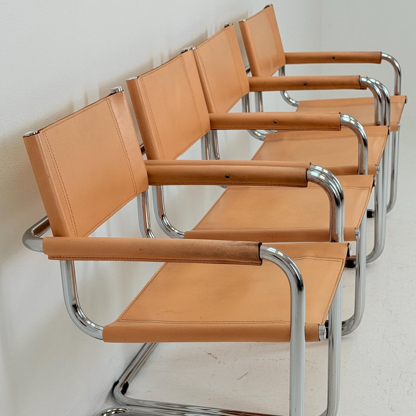 Set of 4 Mid century Bauhaus B34 Tan leather cantilever armchair by Mart Stam italy 1980s