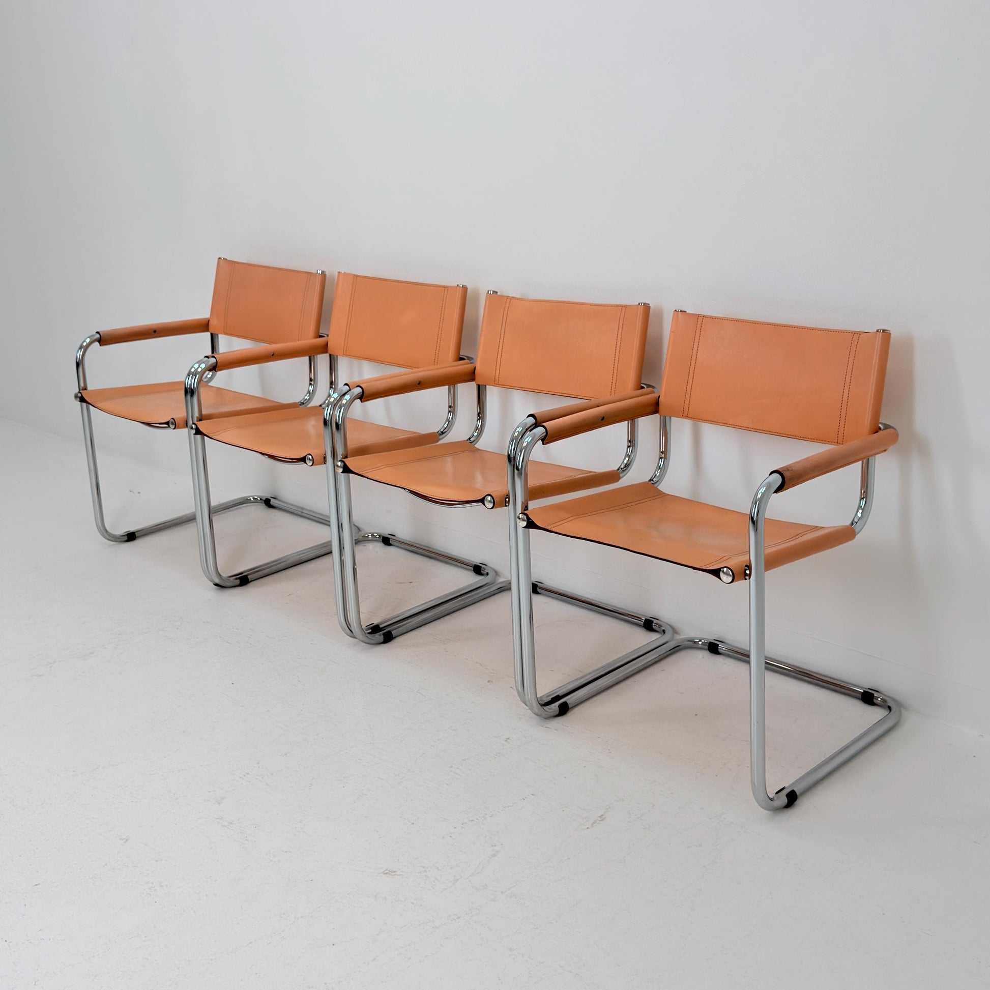Set of 4 Mid century Bauhaus B34 Tan leather cantilever armchair by Mart Stam italy 1980s