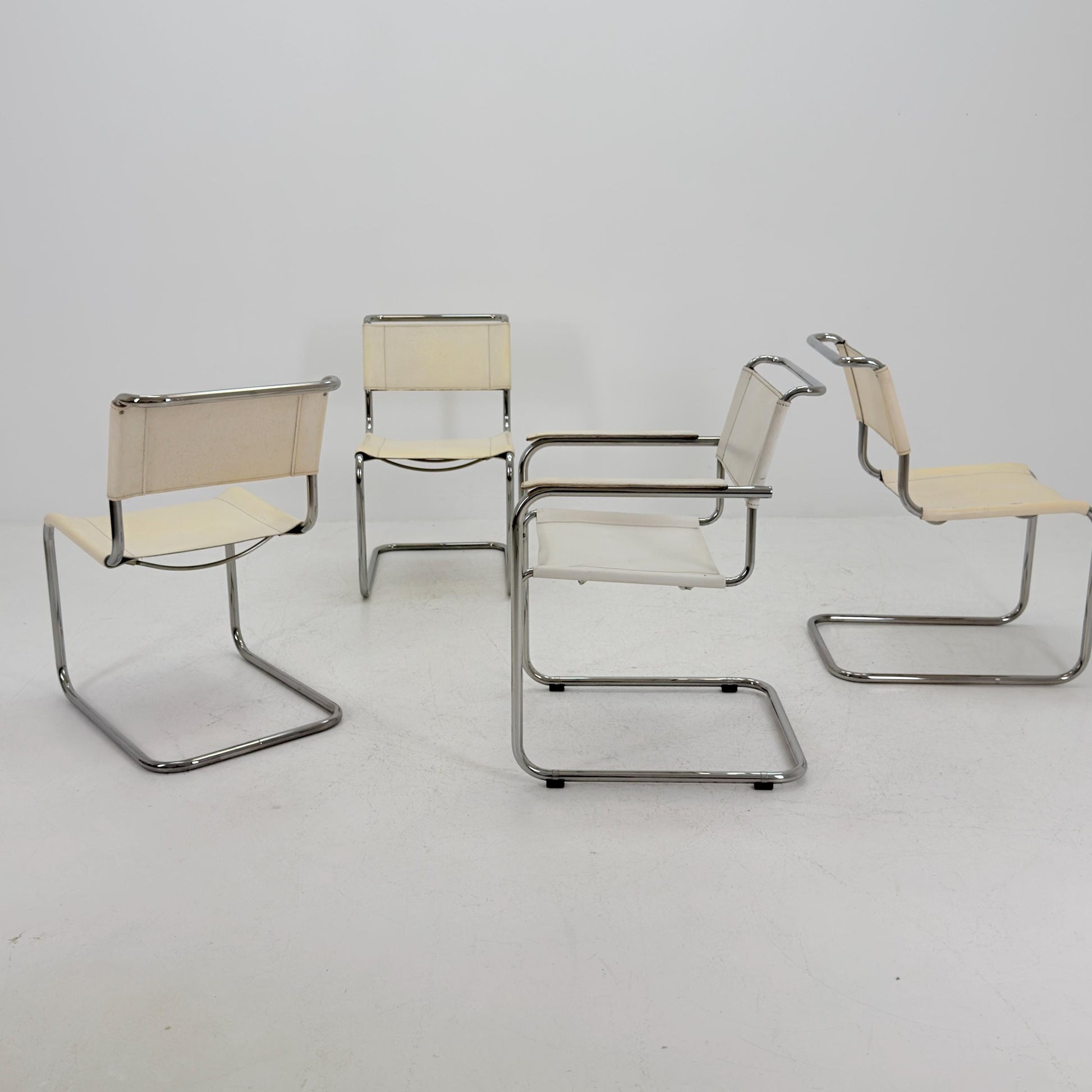 Set of 4 Vintage Thonet S33 & S34 Bauhaus Cantilever Chairs – White Leather – Germany, 1980s