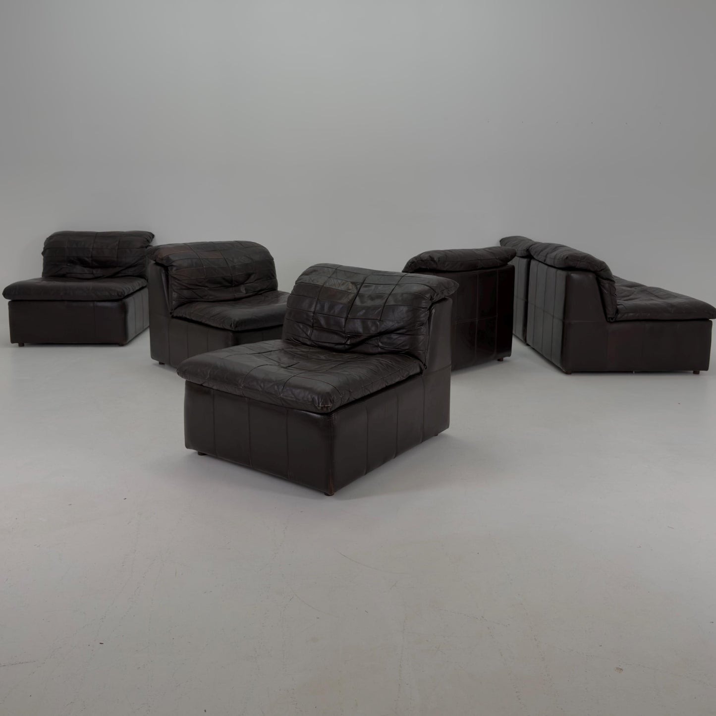 Set of 6 Mid Century DS11 Modular Patchwork chocolate brown Leather Sofa by De Sede, Switzerland, 1970s