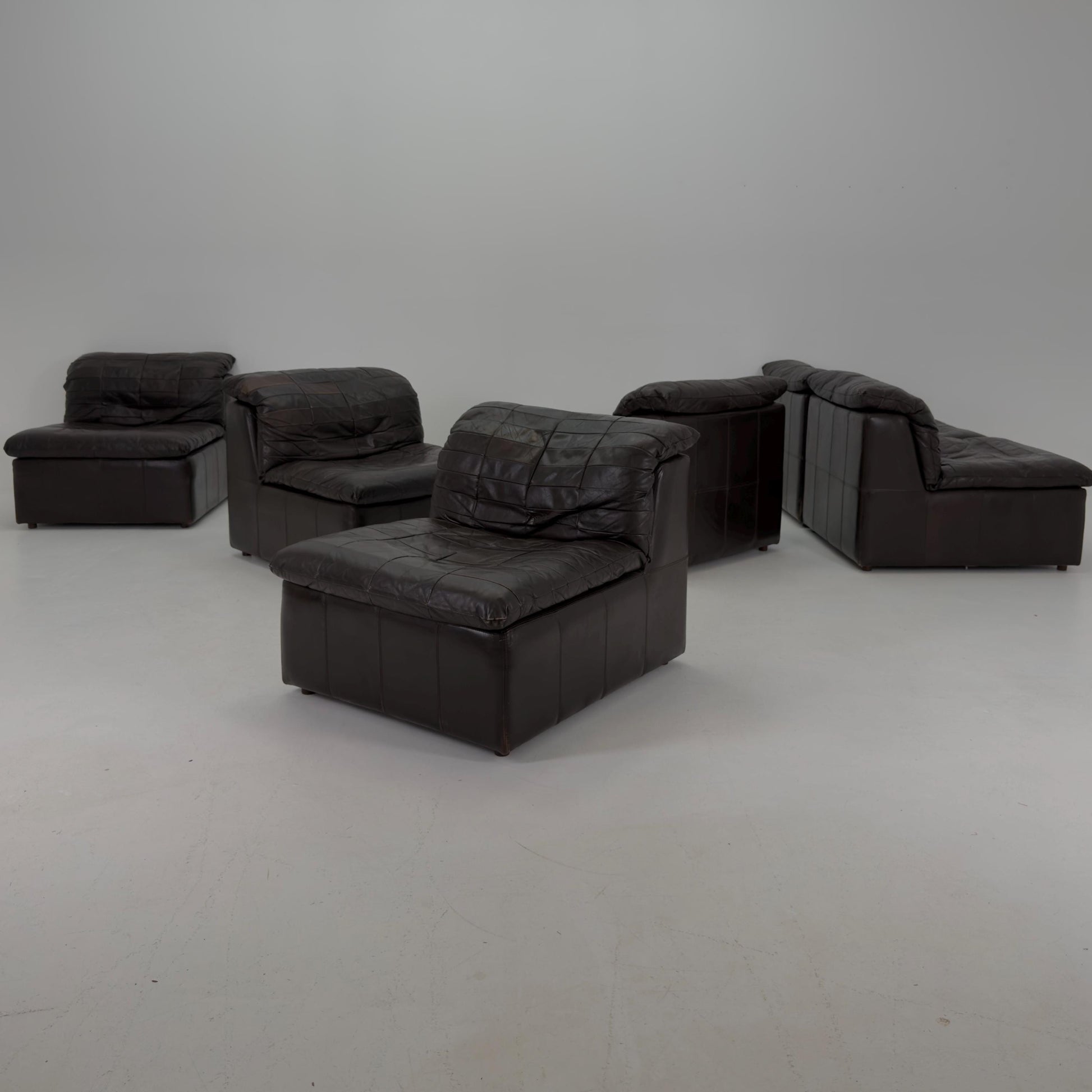 Set of 6 Mid Century DS11 Modular Patchwork chocolate brown Leather Sofa by De Sede, Switzerland, 1970s