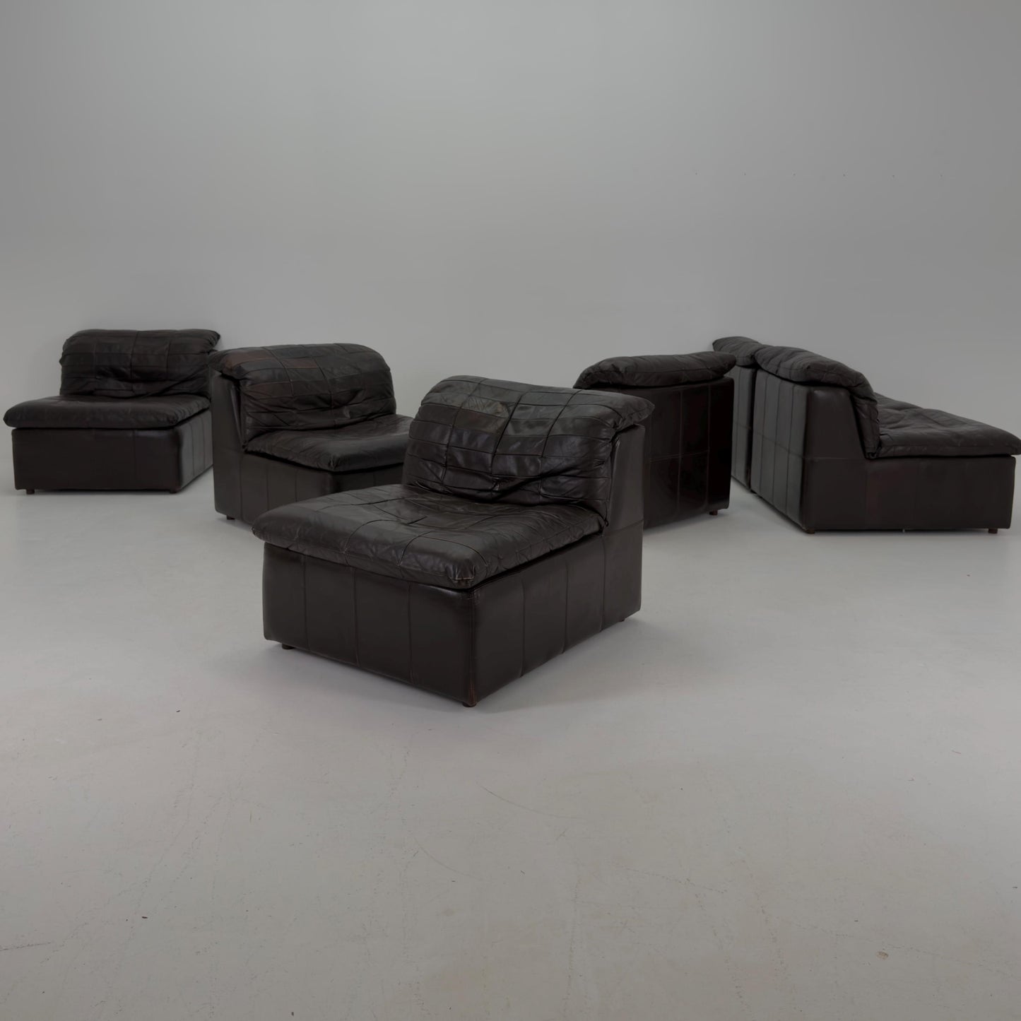 Set of 6 Mid Century DS11 Modular Patchwork chocolate brown Leather Sofa by De Sede, Switzerland, 1970s