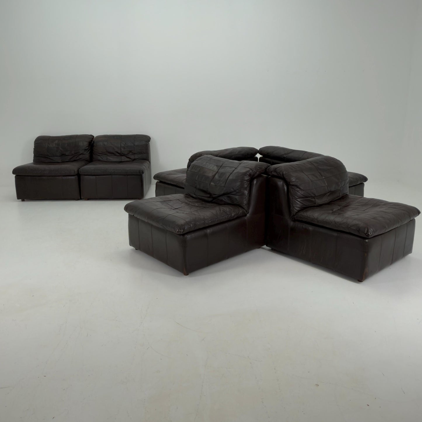 Set of 6 Mid Century DS11 Modular Patchwork chocolate brown Leather Sofa by De Sede, Switzerland, 1970s