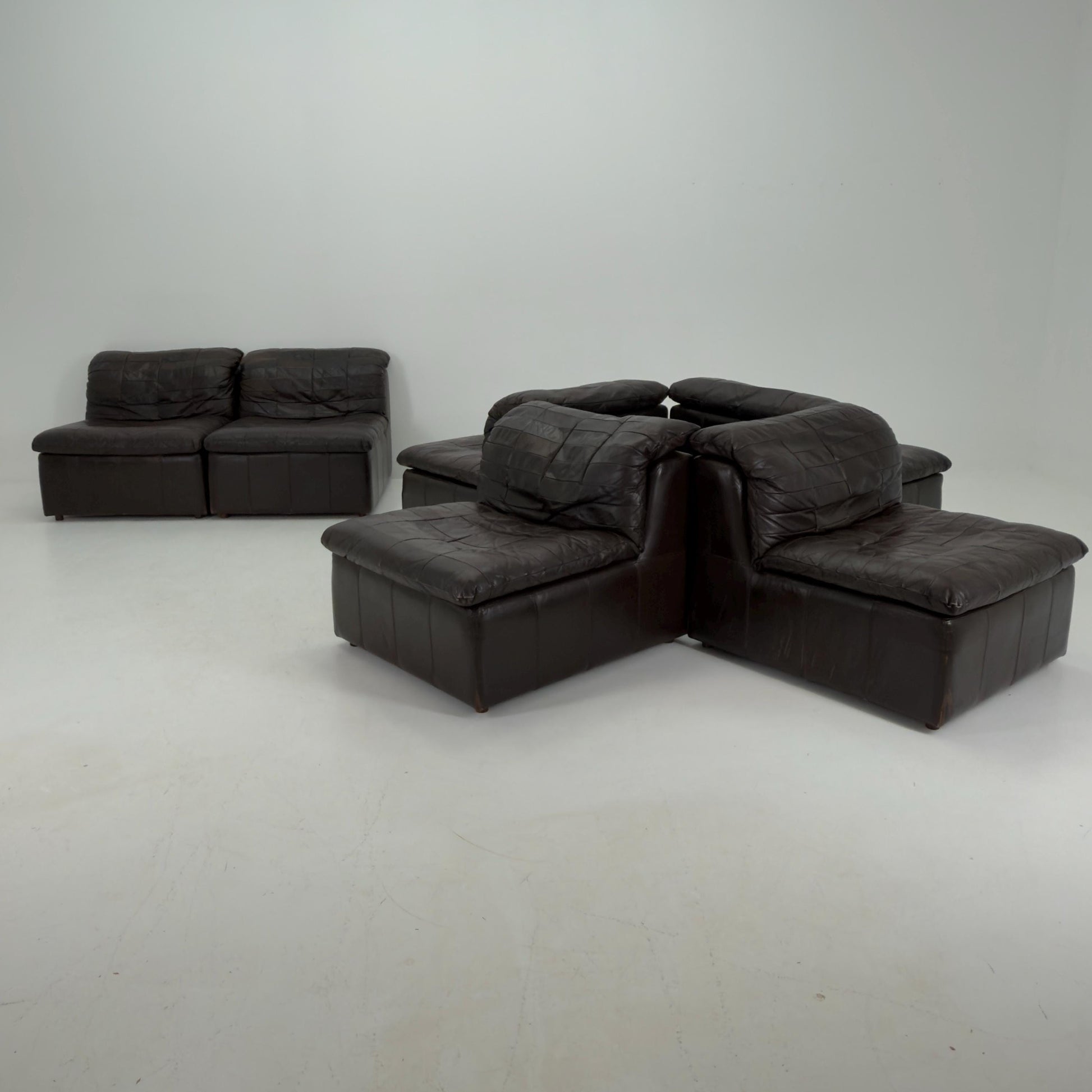 Set of 6 Mid Century DS11 Modular Patchwork chocolate brown Leather Sofa by De Sede, Switzerland, 1970s