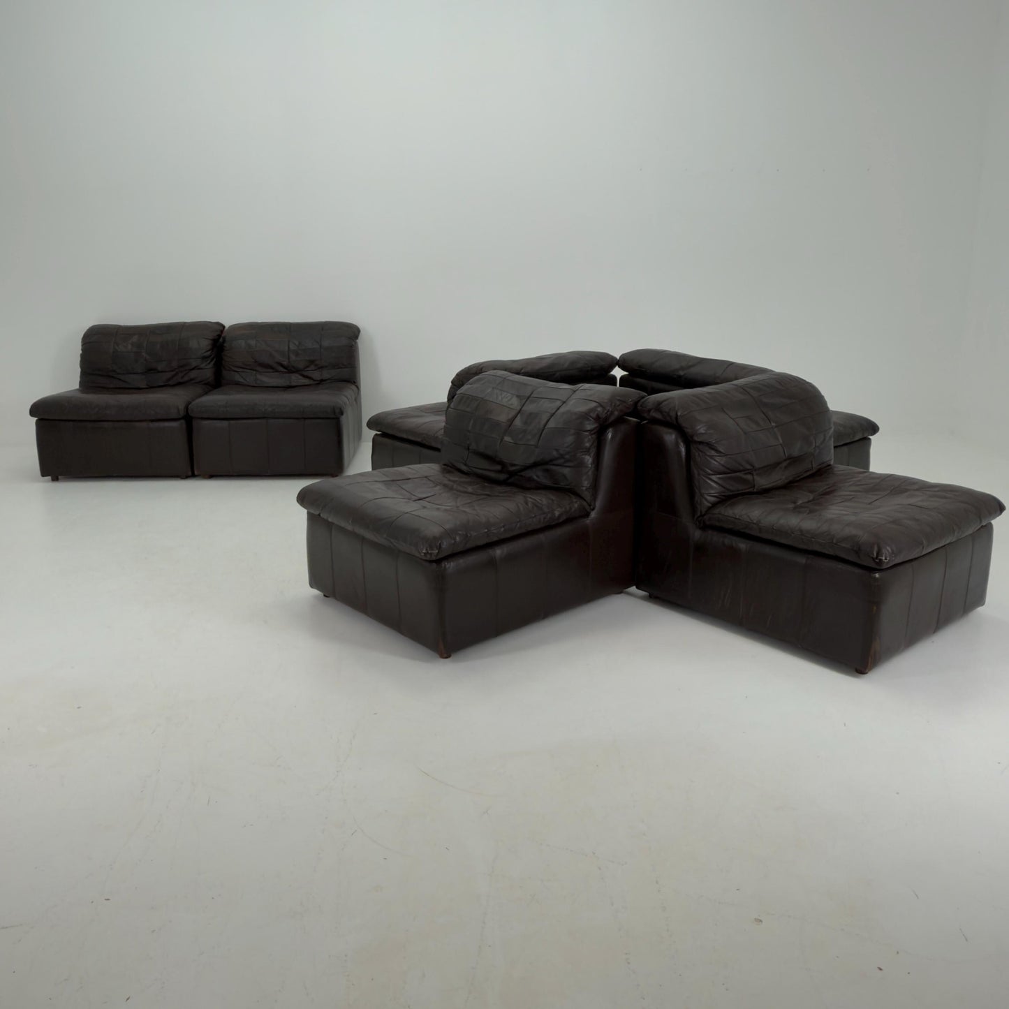 Set of 6 Mid Century DS11 Modular Patchwork chocolate brown Leather Sofa by De Sede, Switzerland, 1970s