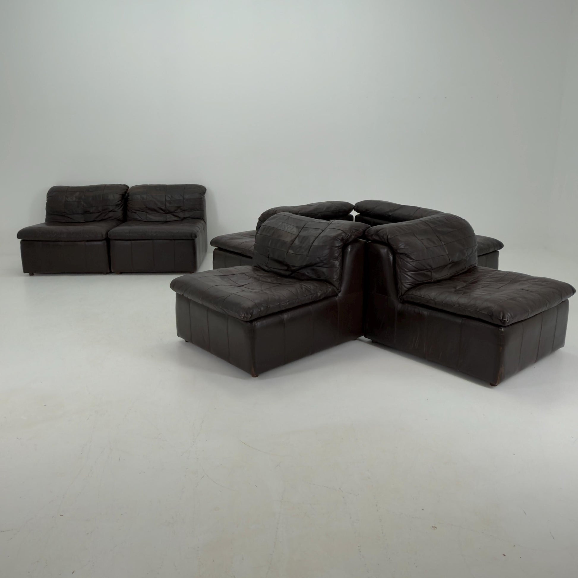 Set of 6 Mid Century DS11 Modular Patchwork chocolate brown Leather Sofa by De Sede, Switzerland, 1970s
