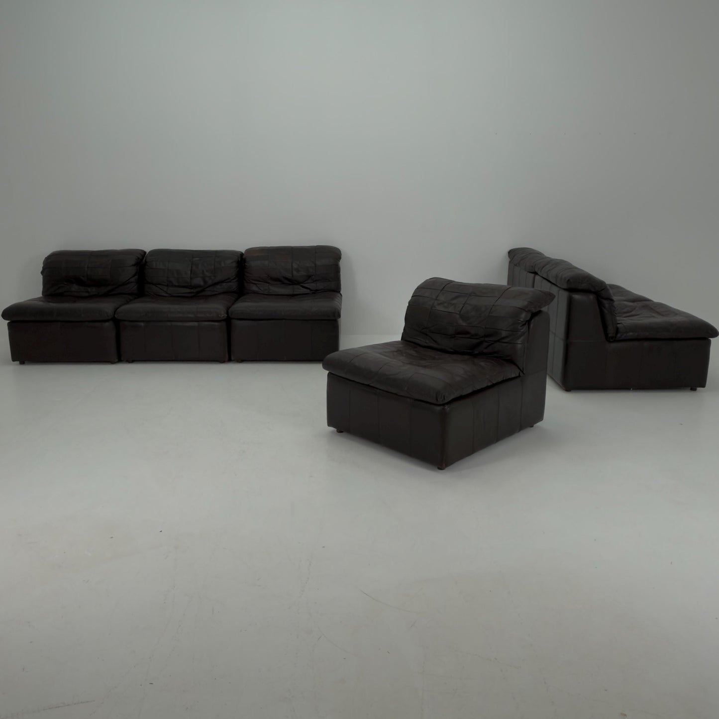 Set of 6 Mid Century DS11 Modular Patchwork chocolate brown Leather Sofa by De Sede, Switzerland, 1970s