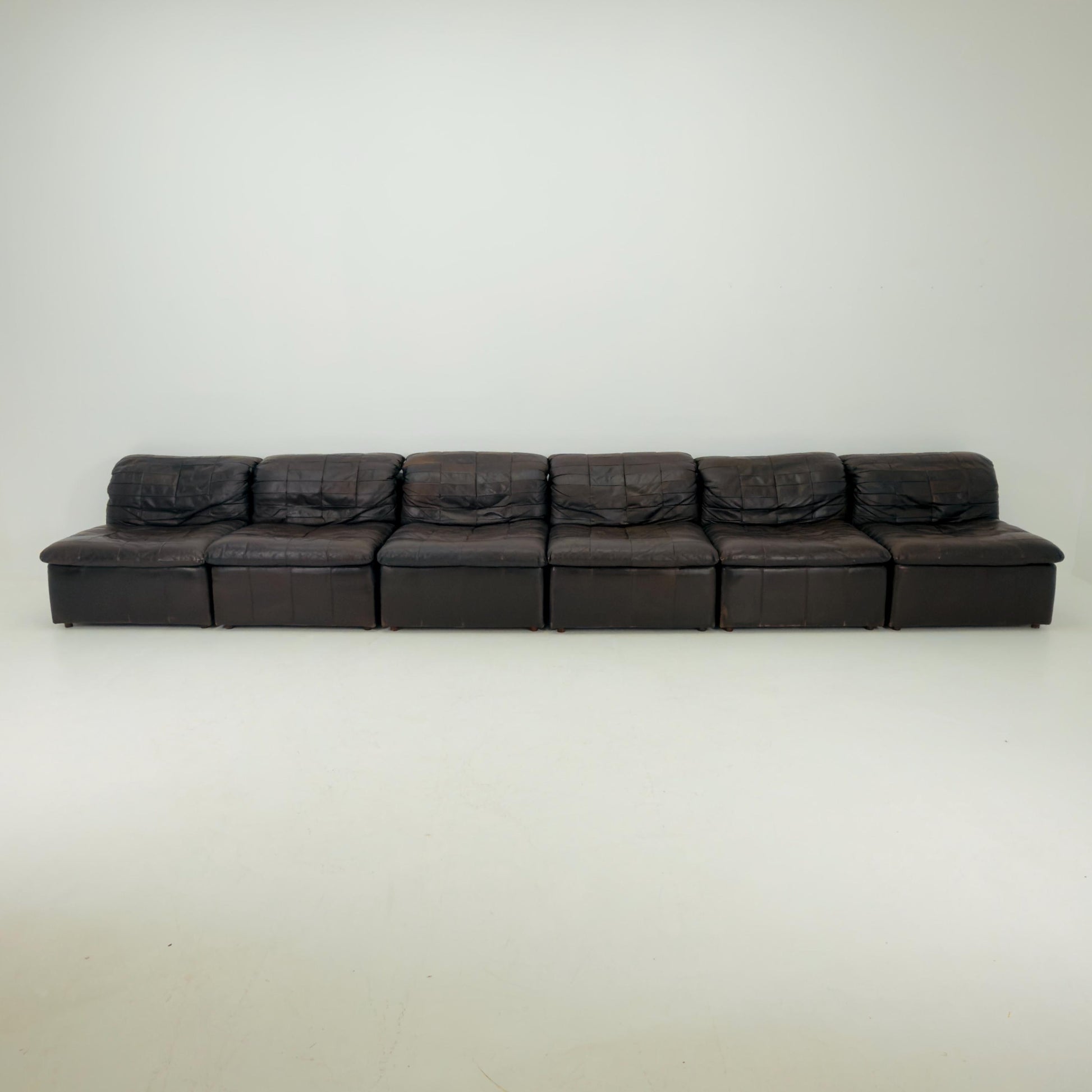 Set of 6 Mid Century DS11 Modular Patchwork chocolate brown Leather Sofa by De Sede, Switzerland, 1970s