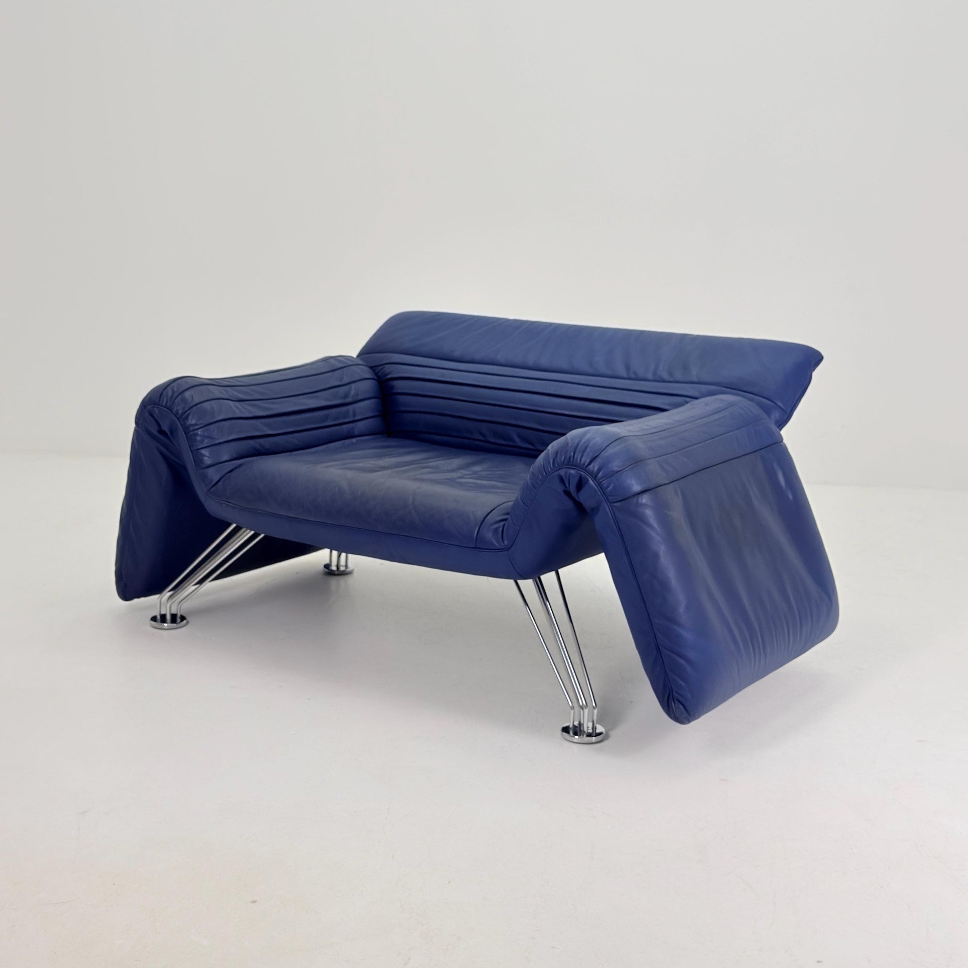 Mid Century De Sede DS-142 Blue Leather Lounge Chair Chaise Longue by Wilfried Totzek, Switzerland 1980s