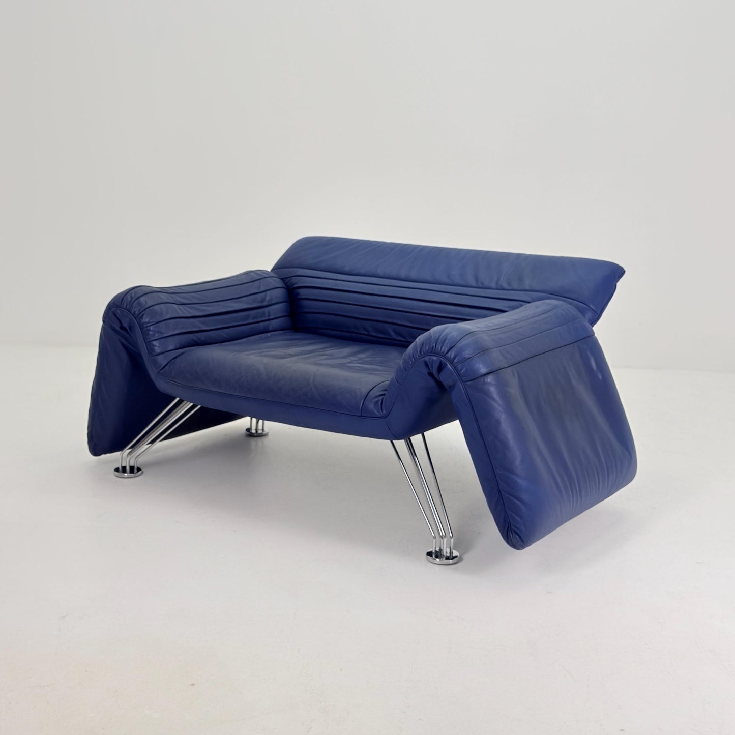 Mid Century De Sede DS-142 Blue Leather Lounge Chair Chaise Longue by Wilfried Totzek, Switzerland 1980s