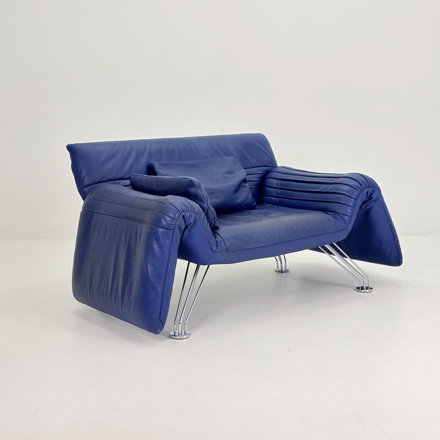 Mid Century De Sede DS-142 Blue Leather Lounge Chair Chaise Longue by Wilfried Totzek, Switzerland 1980s