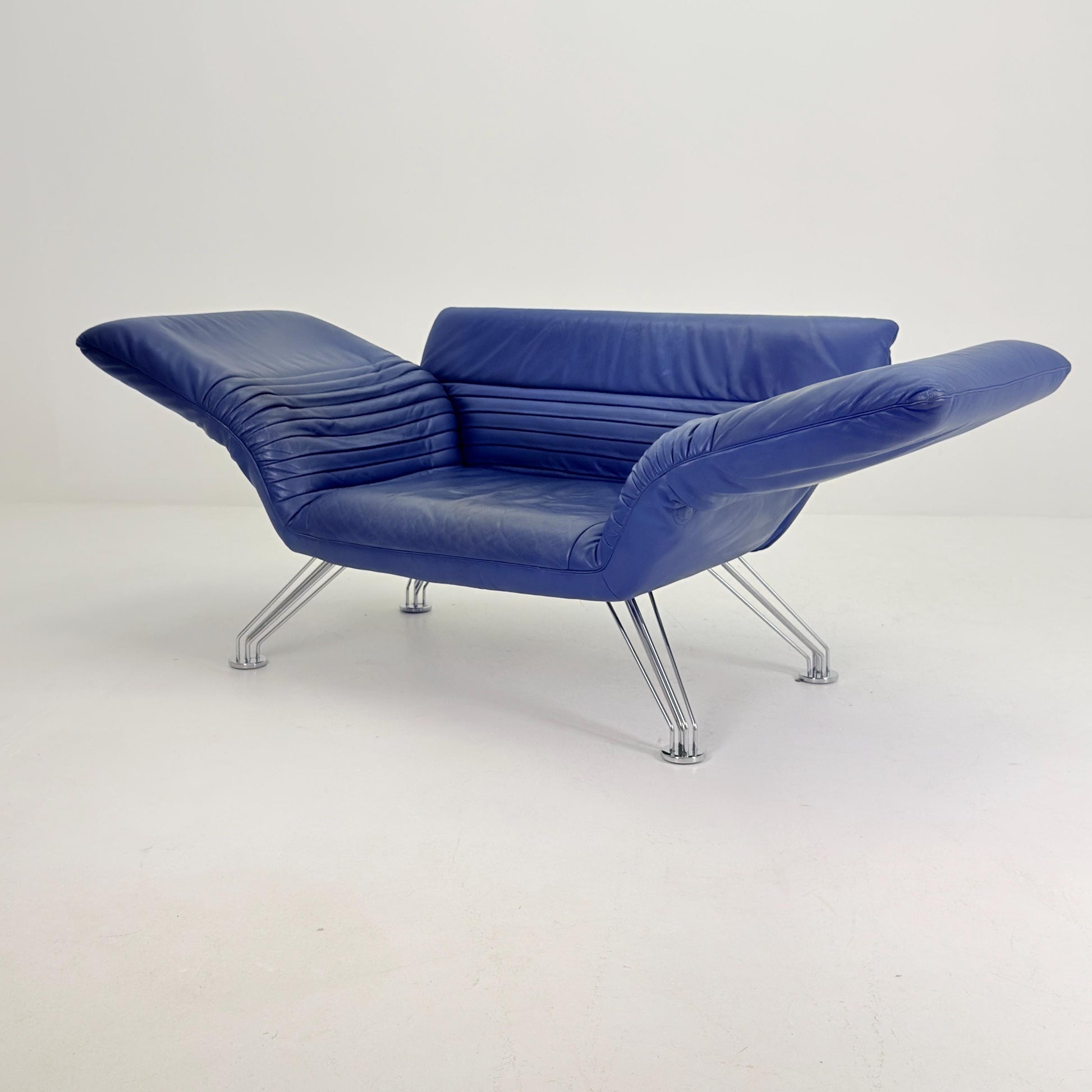Mid Century De Sede DS-142 Blue Leather Lounge Chair Chaise Longue by Wilfried Totzek, Switzerland 1980s
