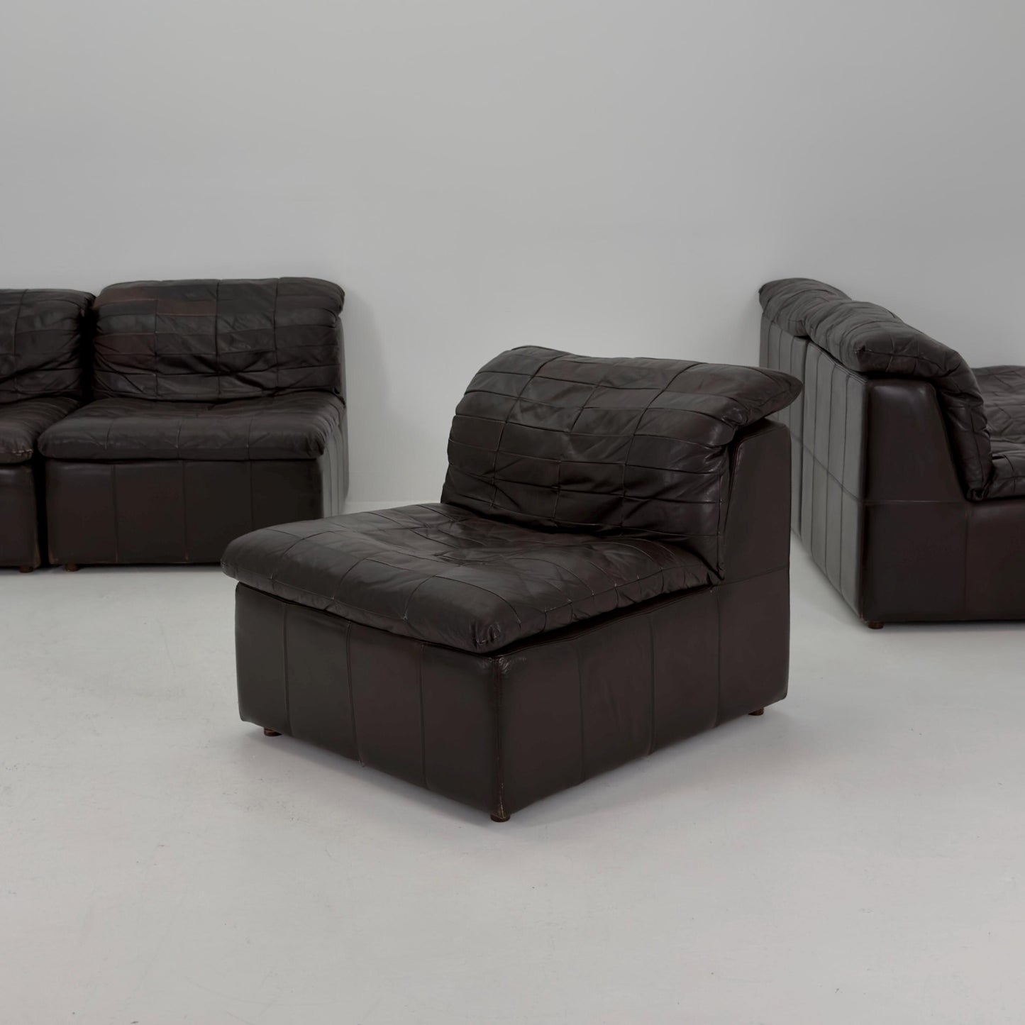 Set of 6 Mid Century DS11 Modular Patchwork chocolate brown Leather Sofa by De Sede, Switzerland, 1970s