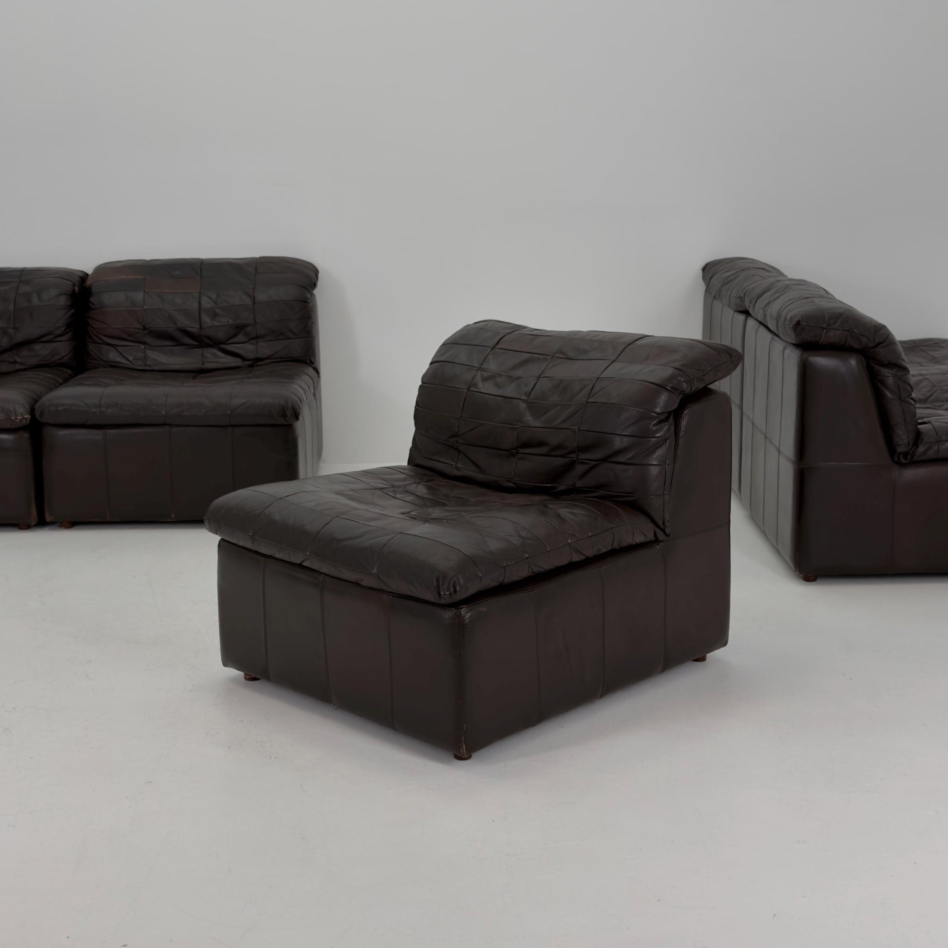 Set of 6 Mid Century DS11 Modular Patchwork chocolate brown Leather Sofa by De Sede, Switzerland, 1970s