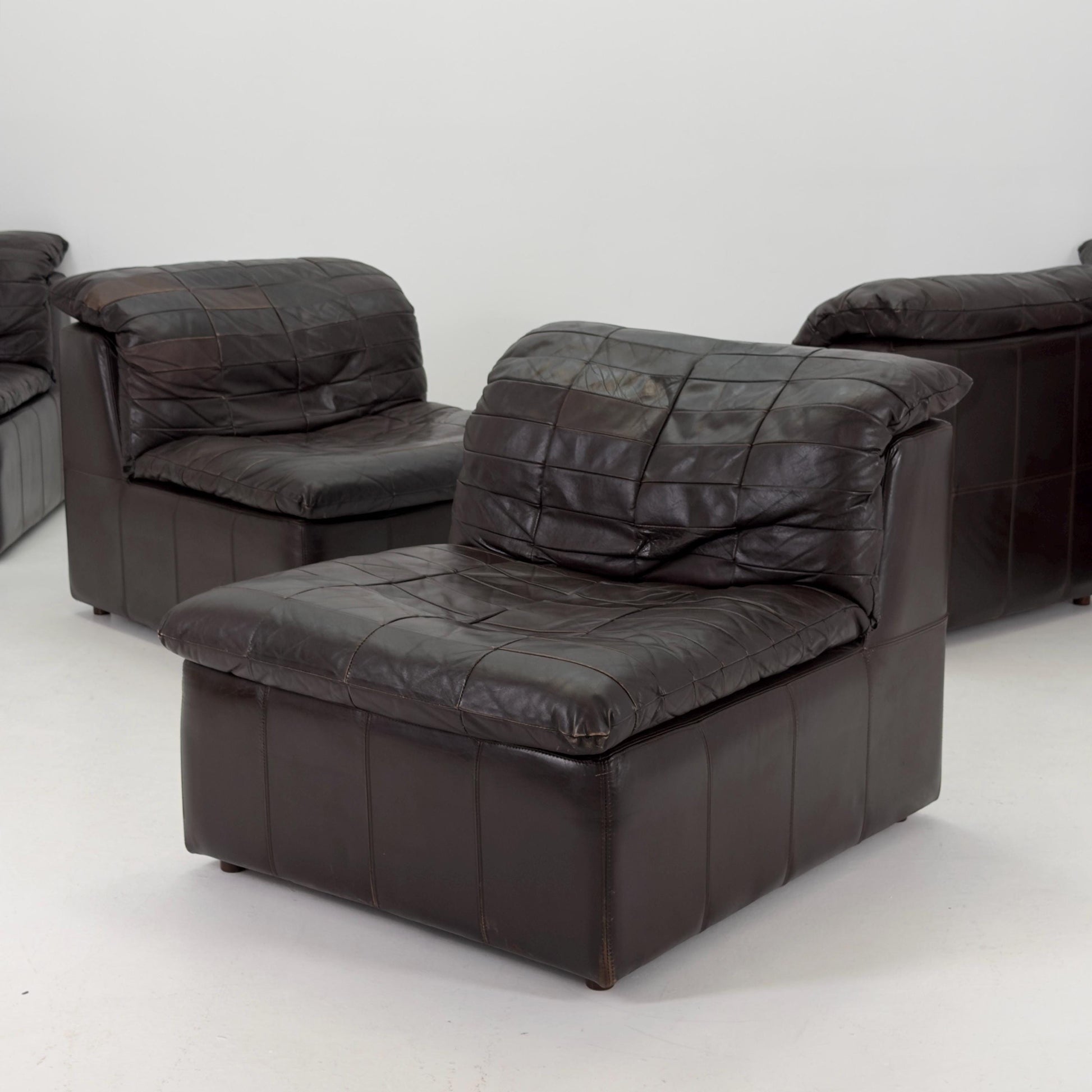 Set of 6 Mid Century DS11 Modular Patchwork chocolate brown Leather Sofa by De Sede, Switzerland, 1970s