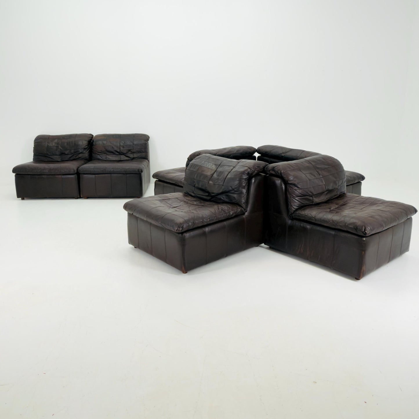 Set of 6 Mid Century DS11 Modular Patchwork chocolate brown Leather Sofa by De Sede, Switzerland, 1970s