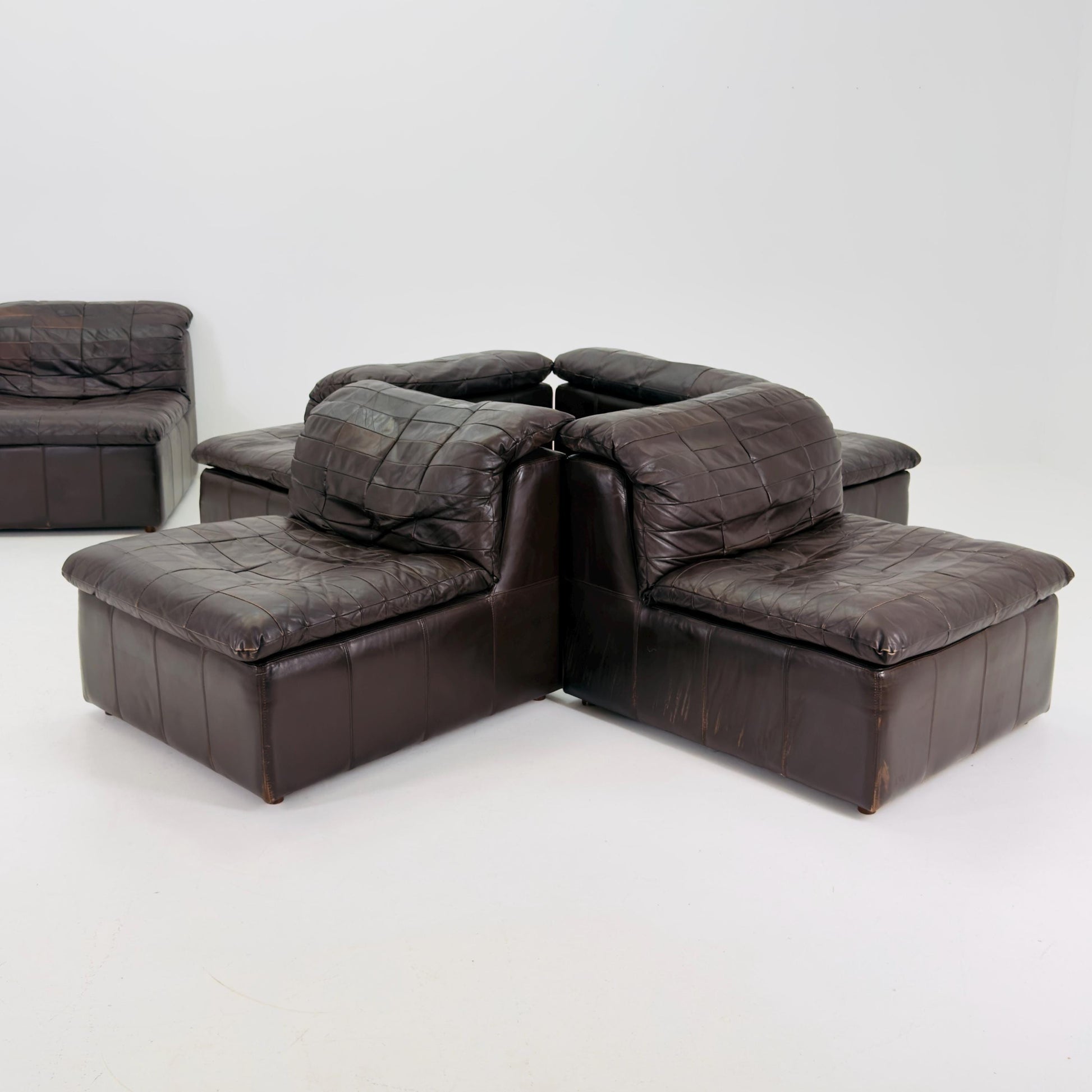 Set of 6 Mid Century DS11 Modular Patchwork chocolate brown Leather Sofa by De Sede, Switzerland, 1970s