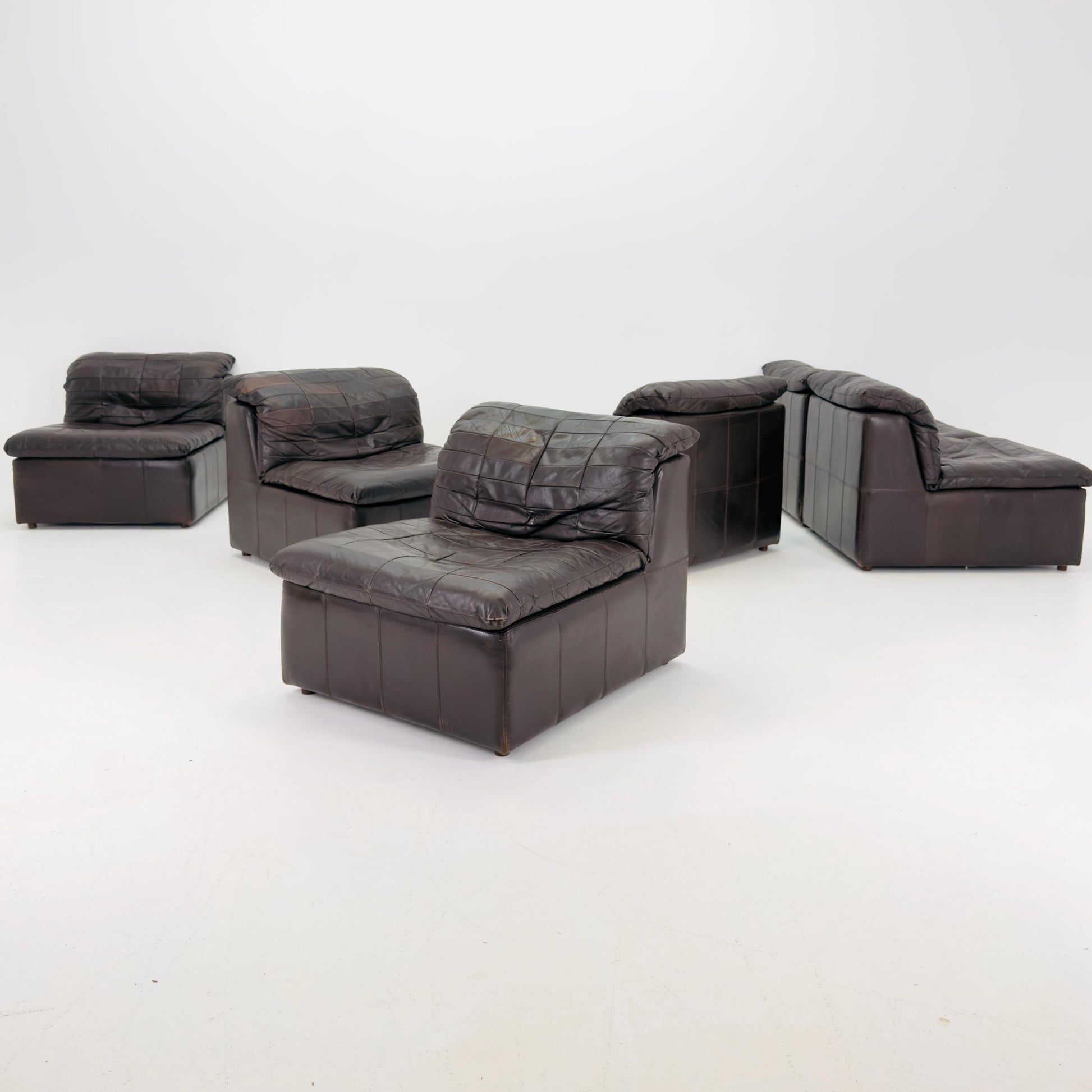 Set of 6 Mid Century DS11 Modular Patchwork chocolate brown Leather Sofa by De Sede, Switzerland, 1970s