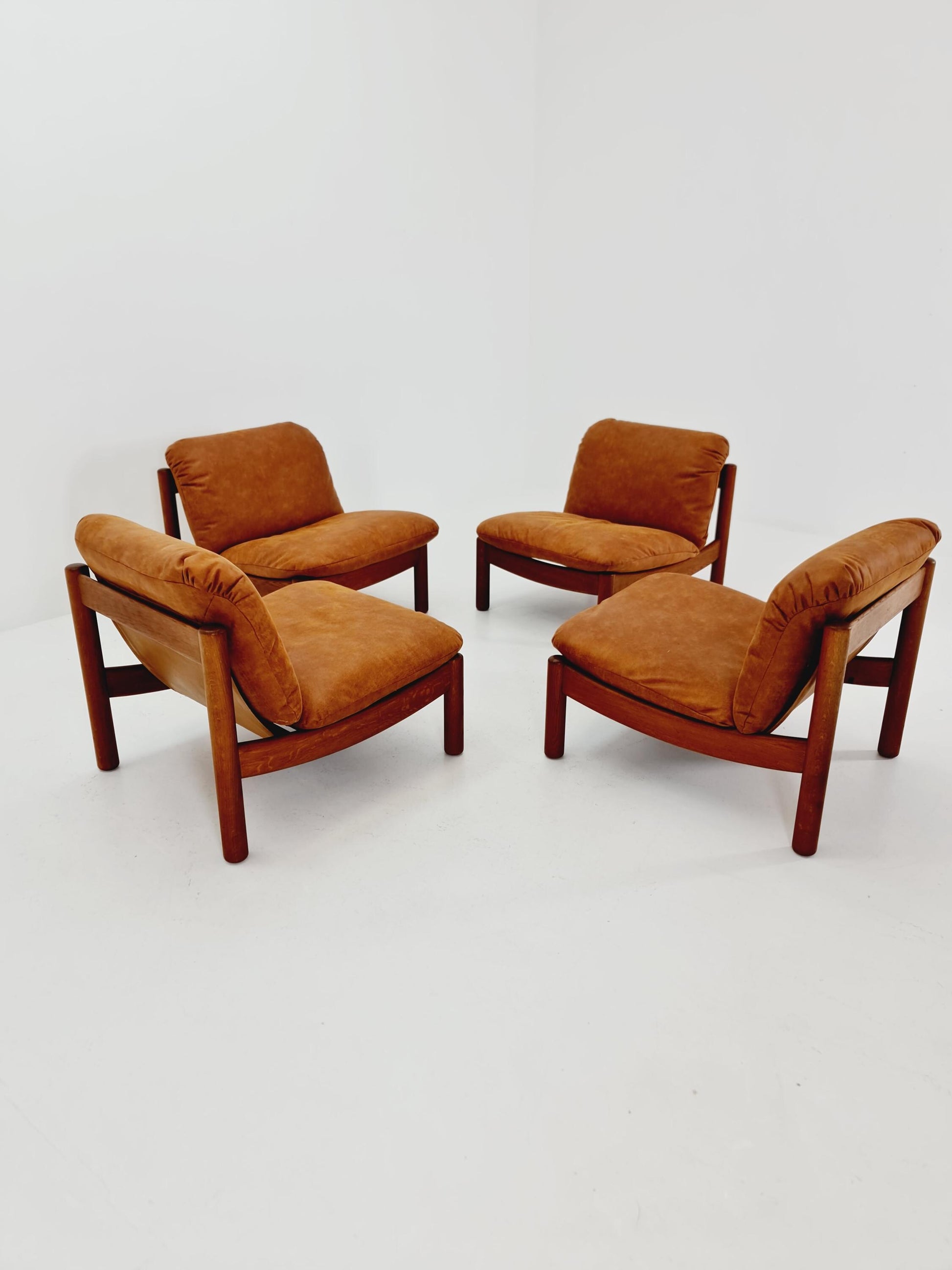 mid century lounge chairs in leather and wood By Carl Straub Germany , 1960s Set of 4