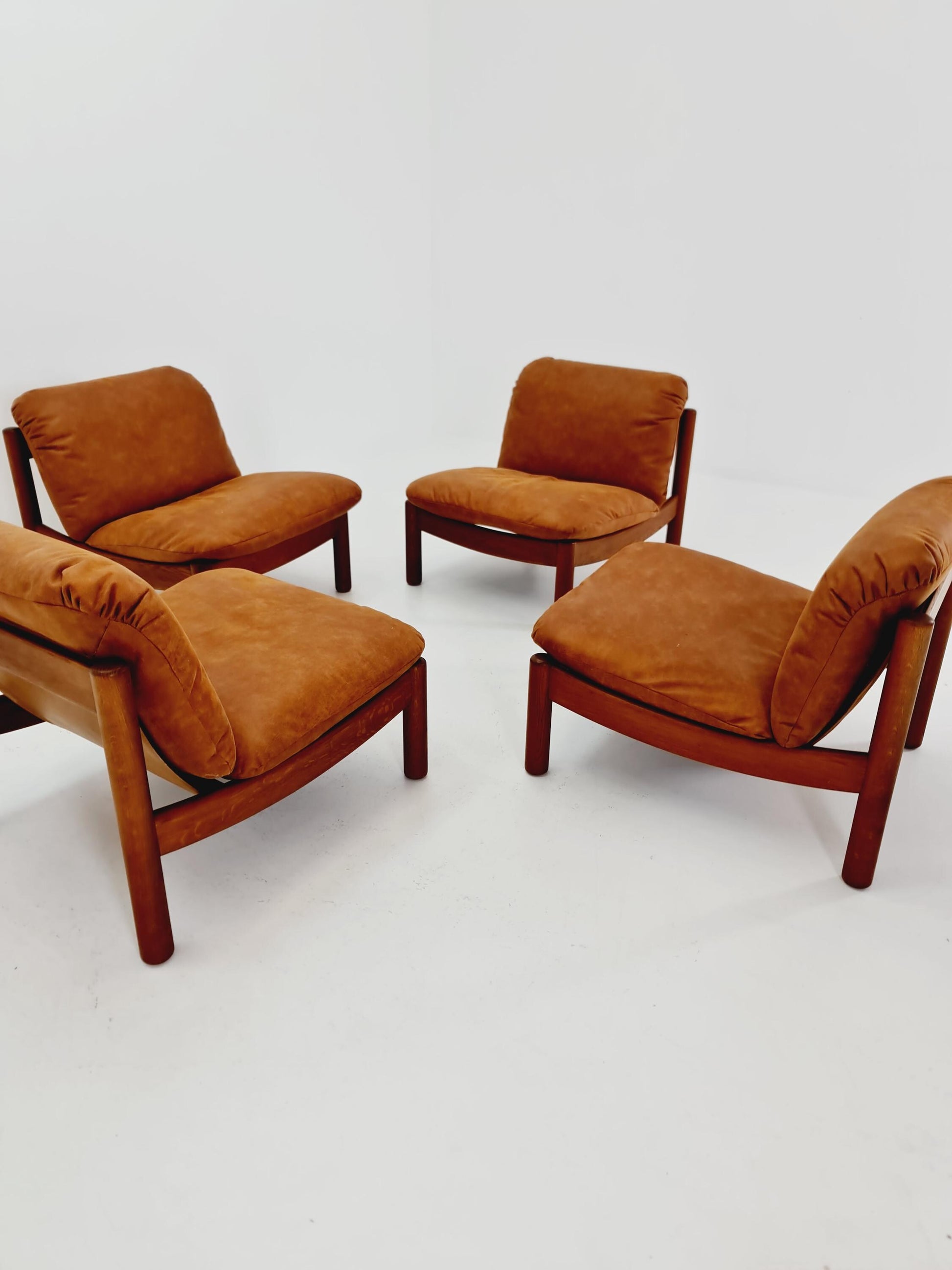 mid century lounge chairs in leather and wood By Carl Straub Germany , 1960s Set of 4
