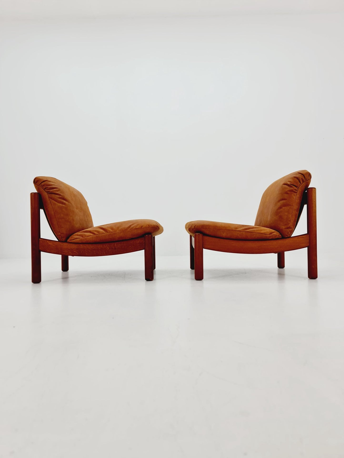mid century loungechairs in leather and wood By Carl Straub Germany , 1960s Set of 2