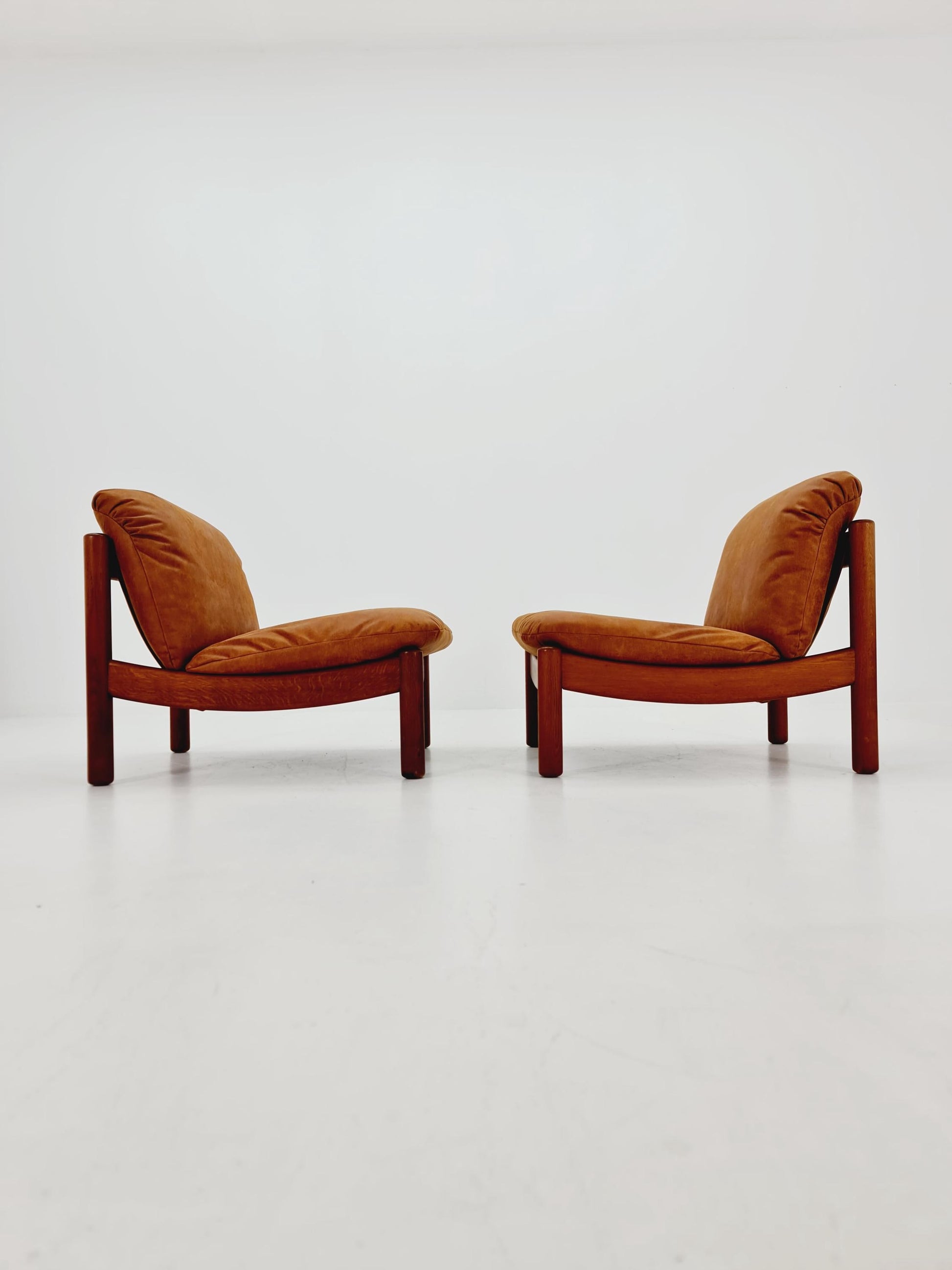 mid century loungechairs in leather and wood By Carl Straub Germany , 1960s Set of 2