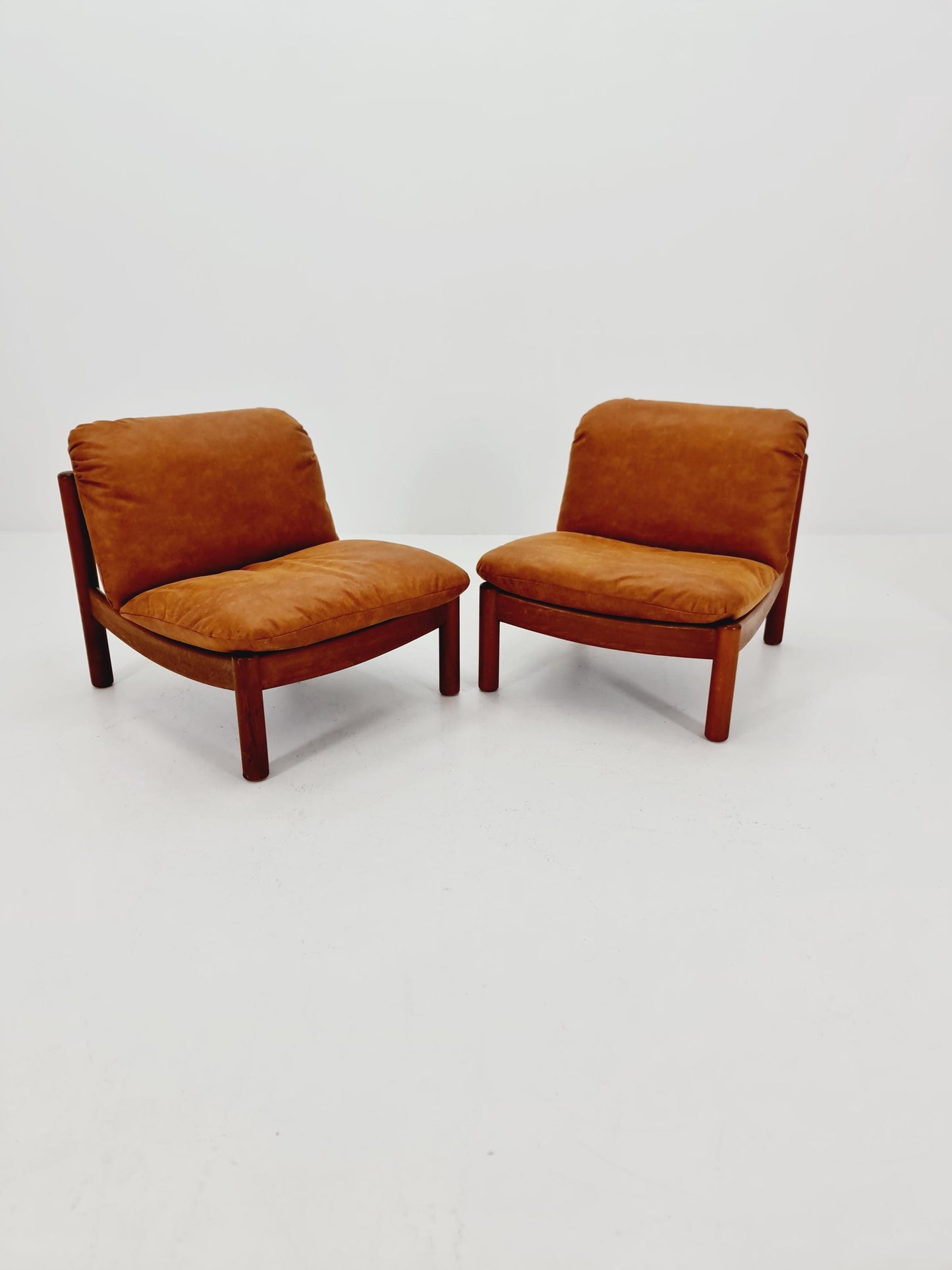 mid century loungechairs in leather and wood By Carl Straub Germany , 1960s Set of 2