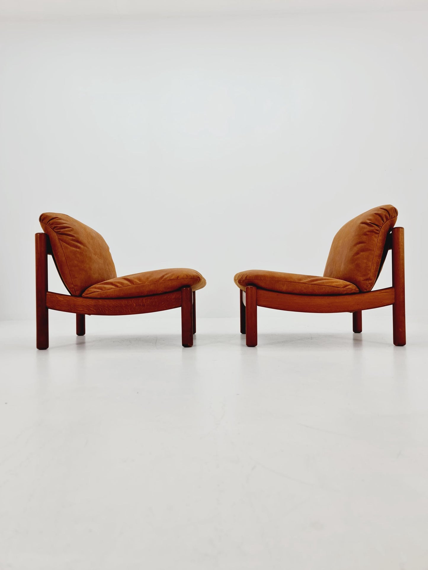 mid century loungechairs in leather and wood By Carl Straub Germany , 1960s Set of 2