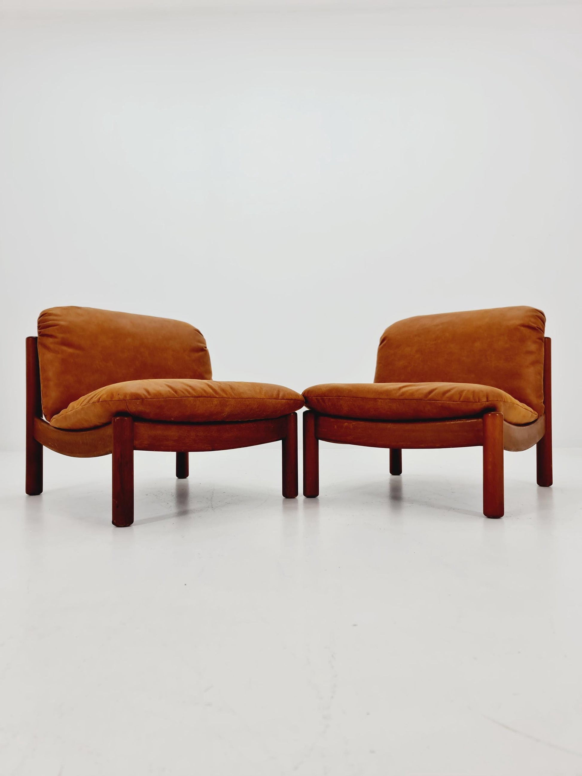 mid century loungechairs in leather and wood By Carl Straub Germany , 1960s Set of 2
