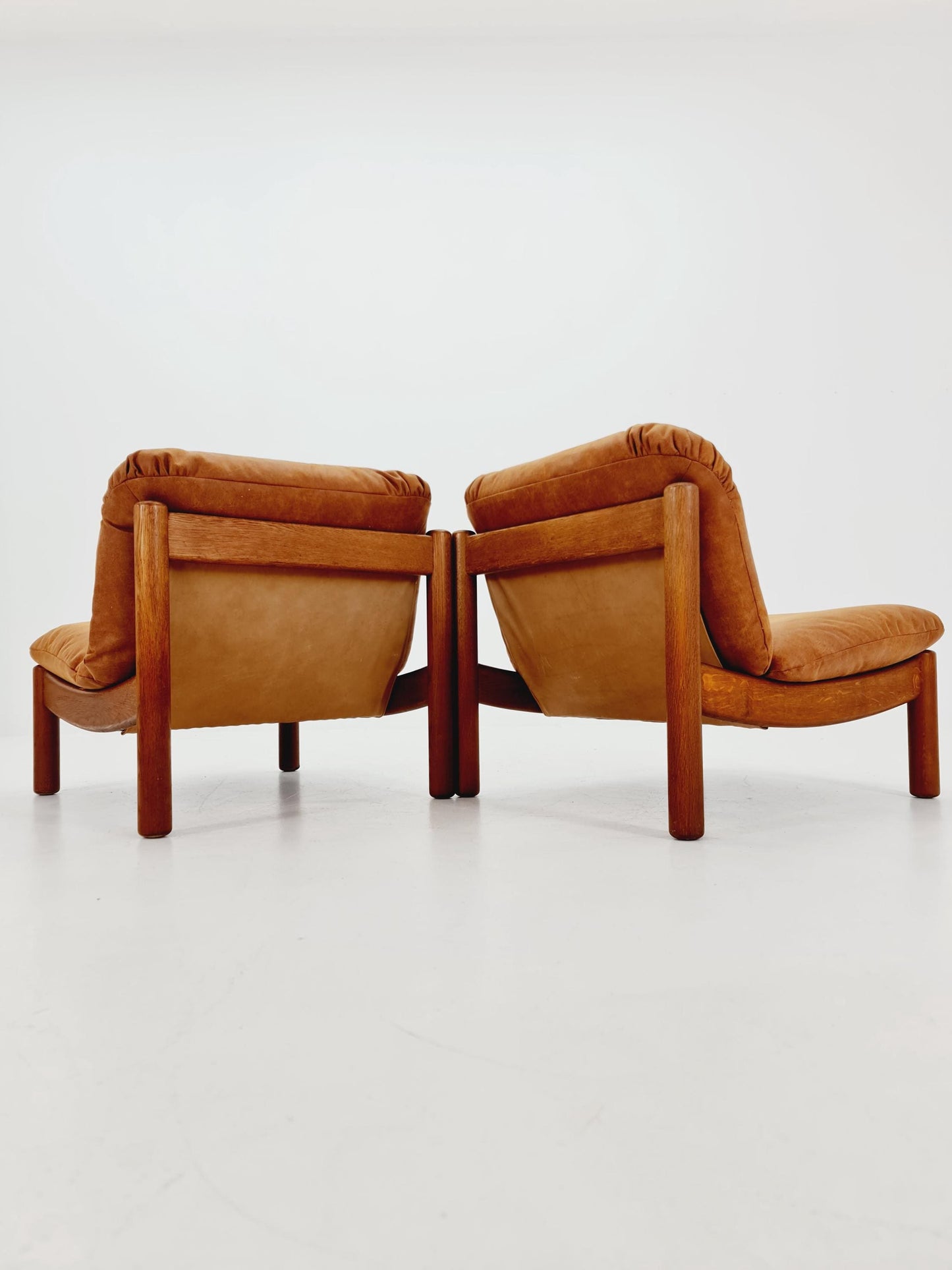 mid century loungechairs in leather and wood By Carl Straub Germany , 1960s Set of 2