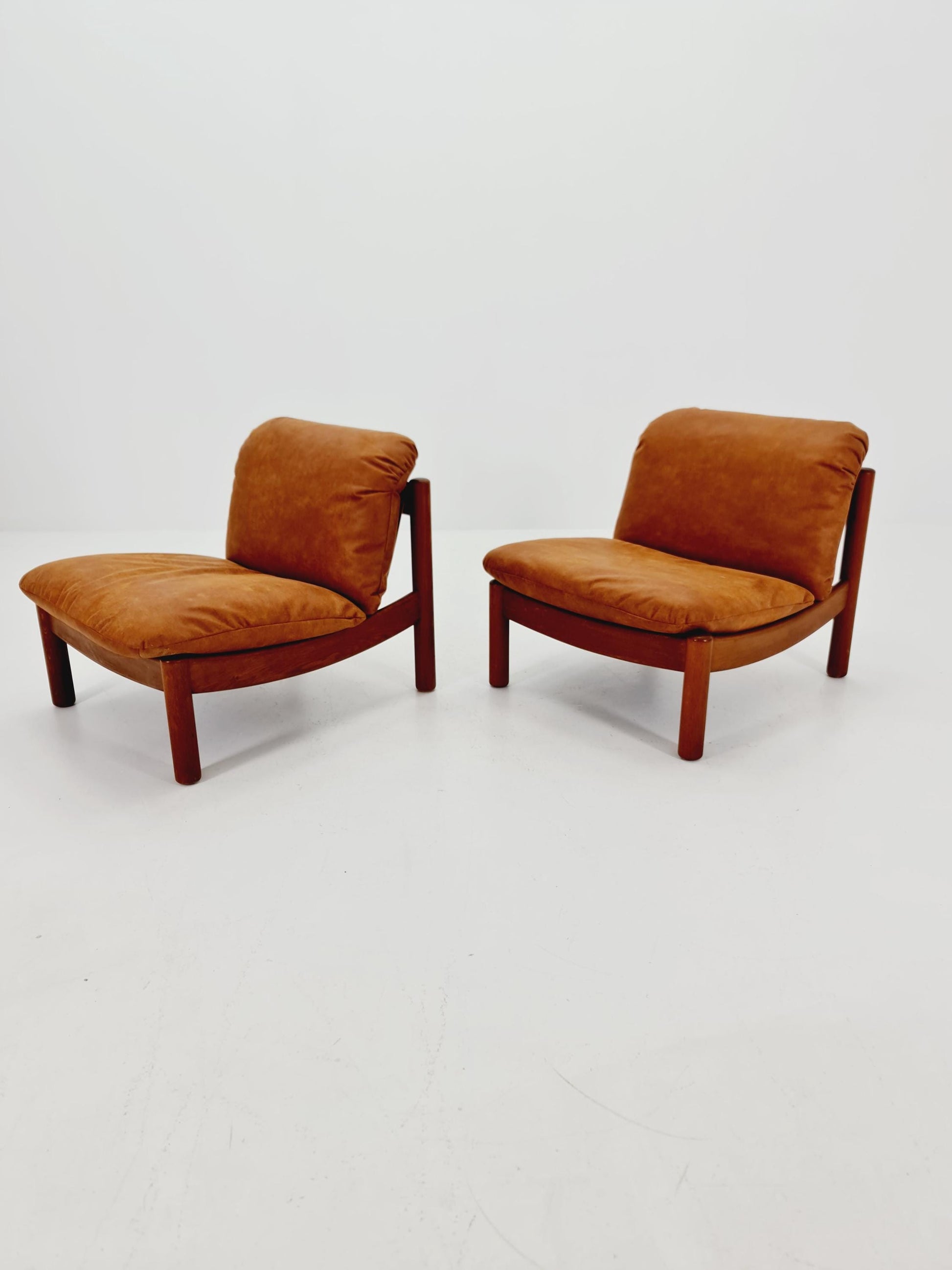 mid century loungechairs in leather and wood By Carl Straub Germany , 1960s Set of 2