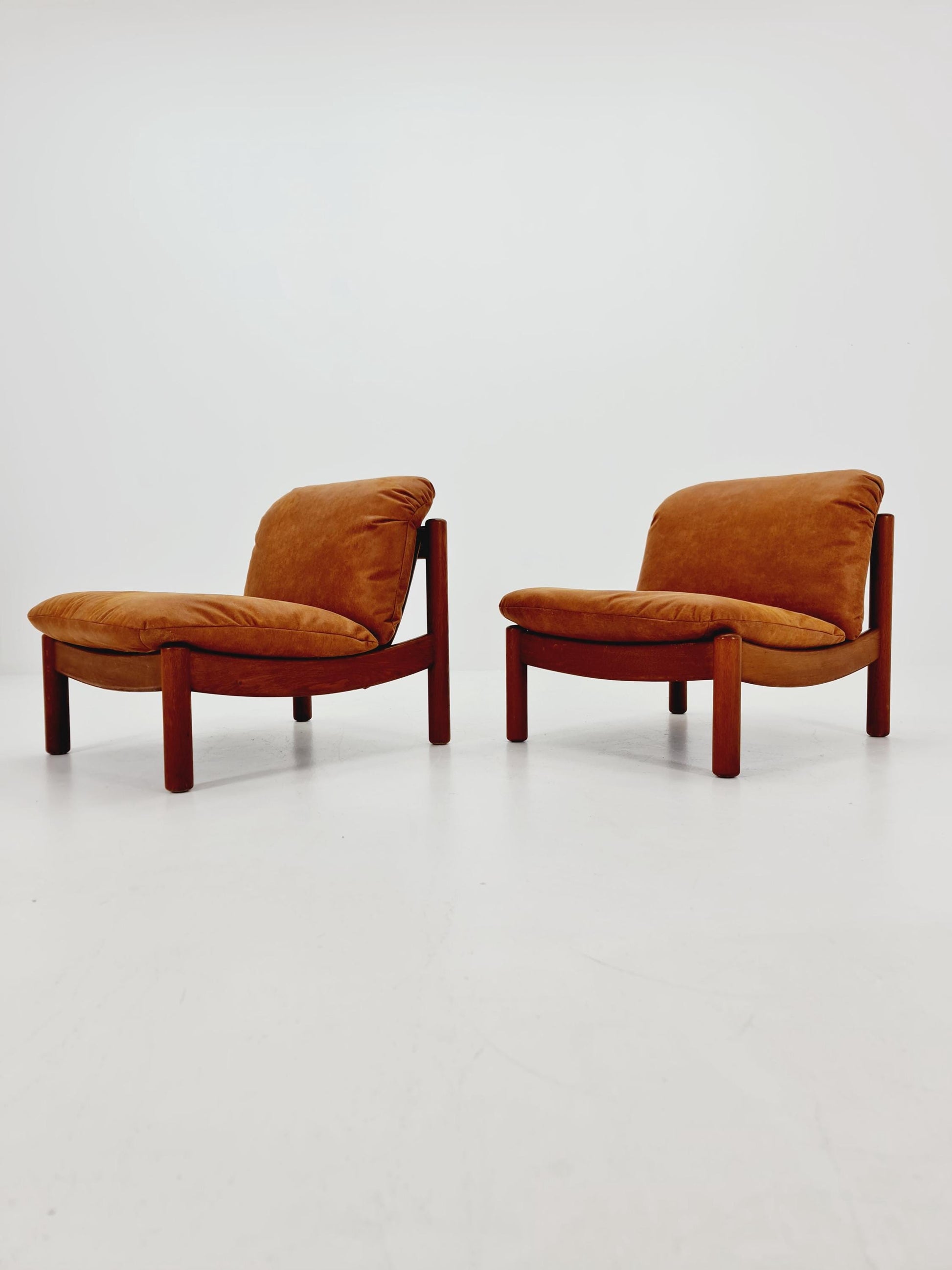 mid century loungechairs in leather and wood By Carl Straub Germany , 1960s Set of 2