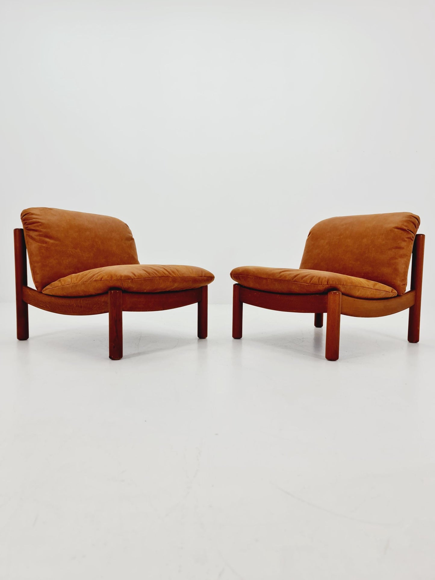 mid century loungechairs in leather and wood By Carl Straub Germany , 1960s Set of 2