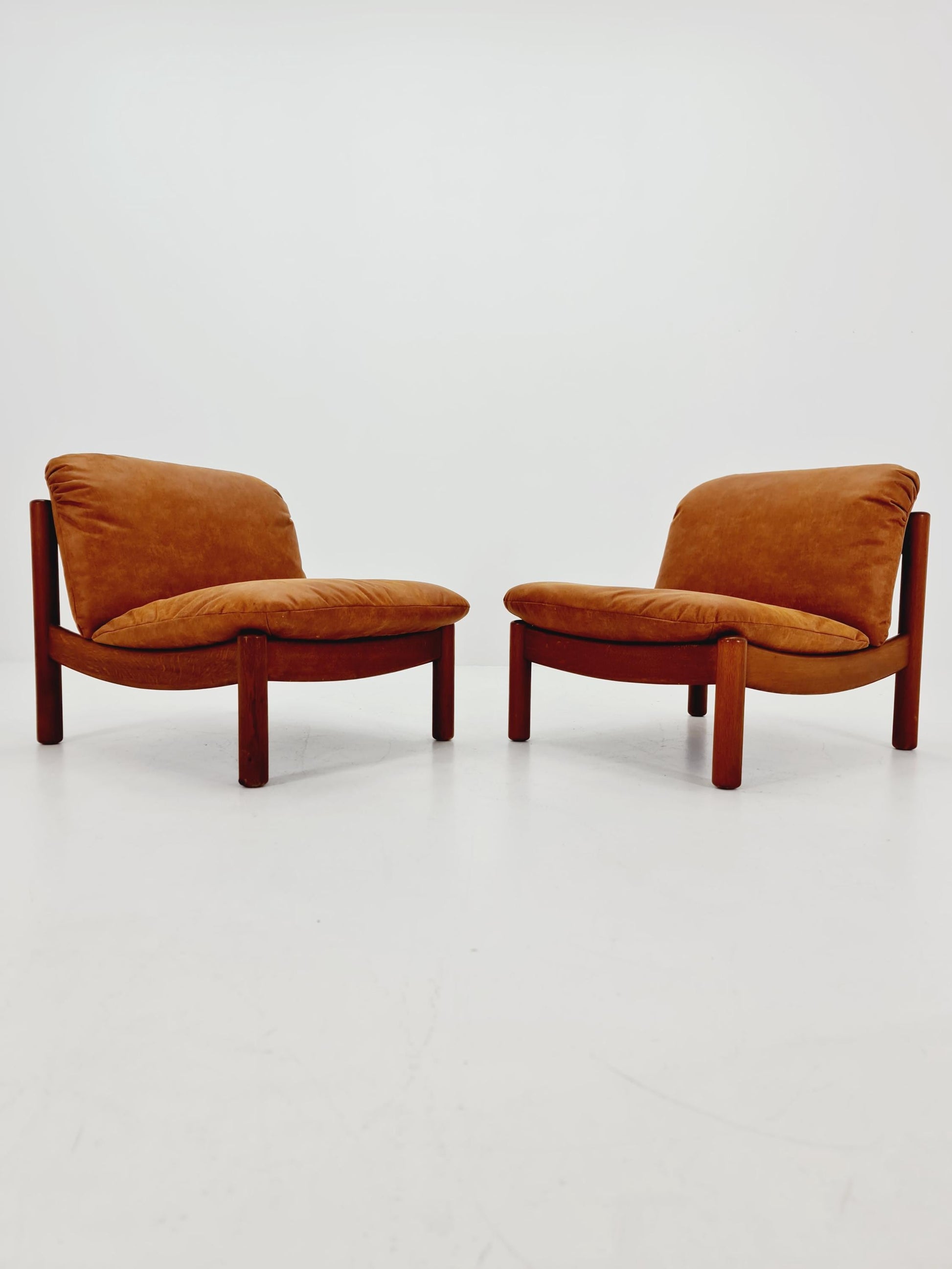 mid century loungechairs in leather and wood By Carl Straub Germany , 1960s Set of 2