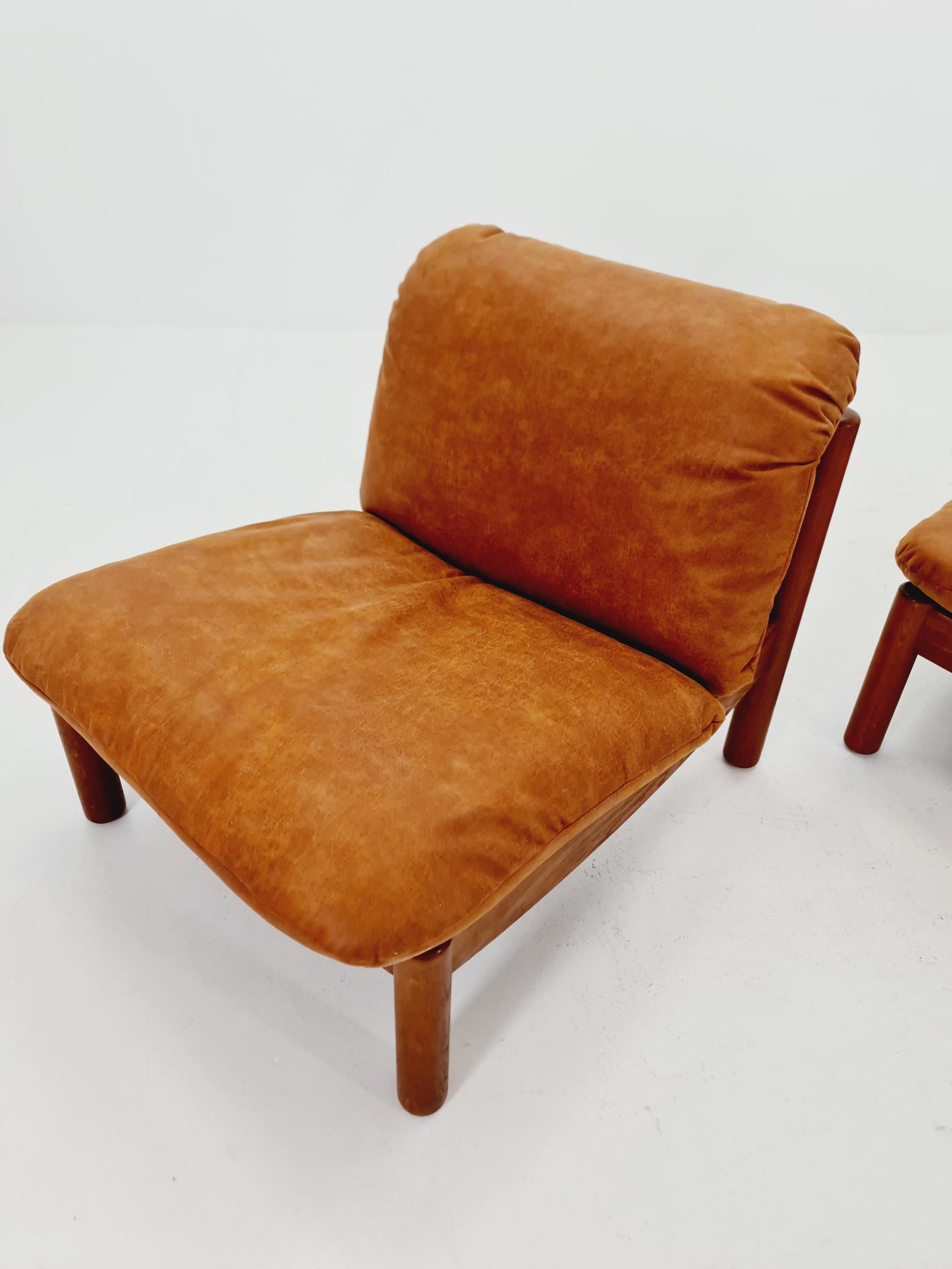 mid century loungechairs in leather and wood By Carl Straub Germany , 1960s Set of 2