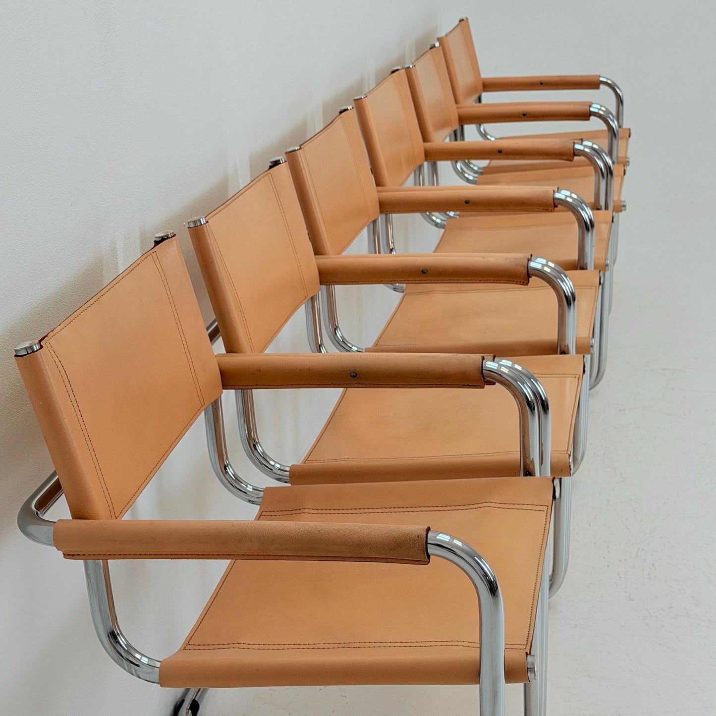 Set of 10 Mid century Bauhaus B34 Tan leather cantilever armchair by Mart Stam italy 1980s
