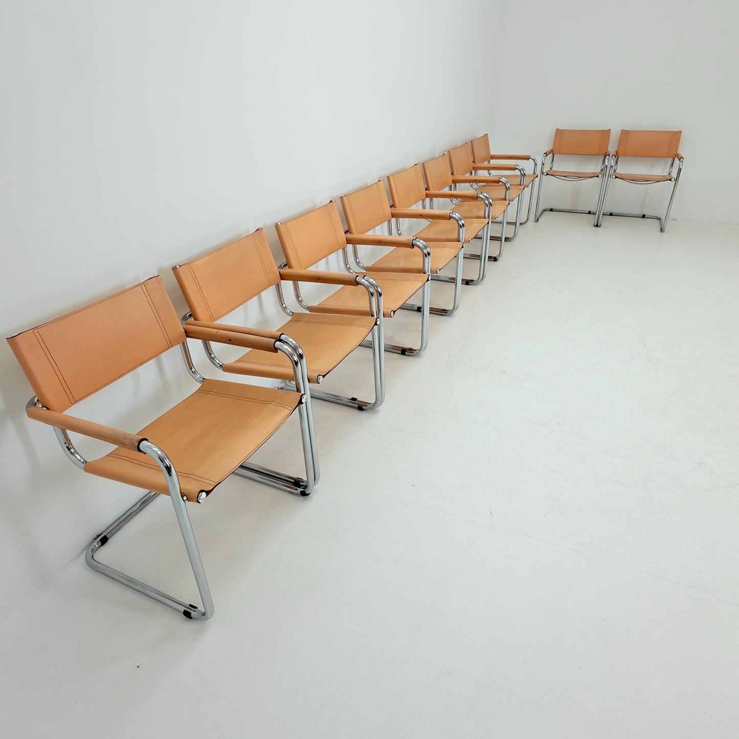 Set of 10 Mid century Bauhaus B34 Tan leather cantilever armchair by Mart Stam italy 1980s