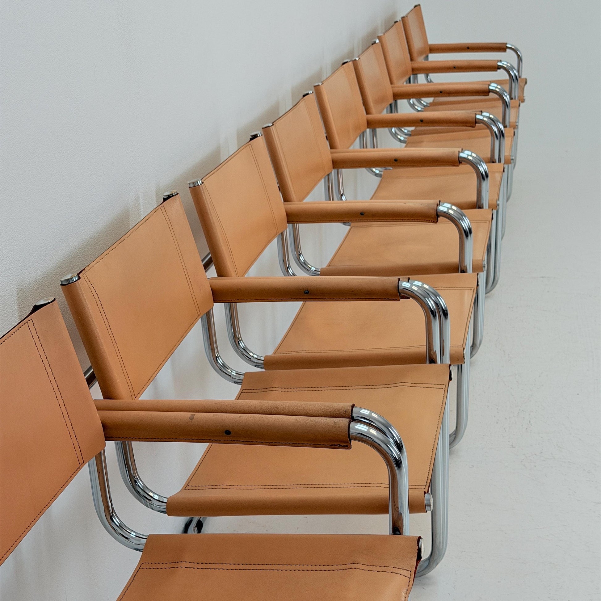 Set of 10 Mid century Bauhaus B34 Tan leather cantilever armchair by Mart Stam italy 1980s