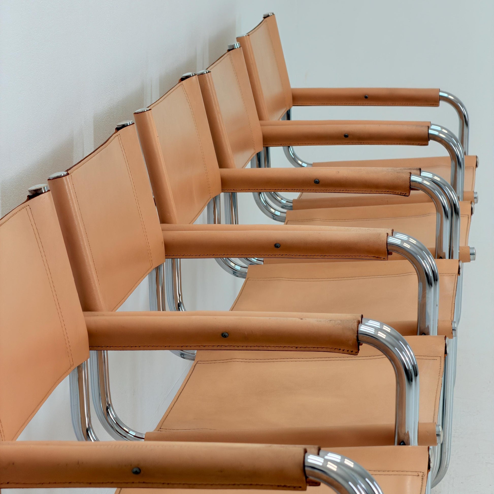 Set of 10 Mid century Bauhaus B34 Tan leather cantilever armchair by Mart Stam italy 1980s