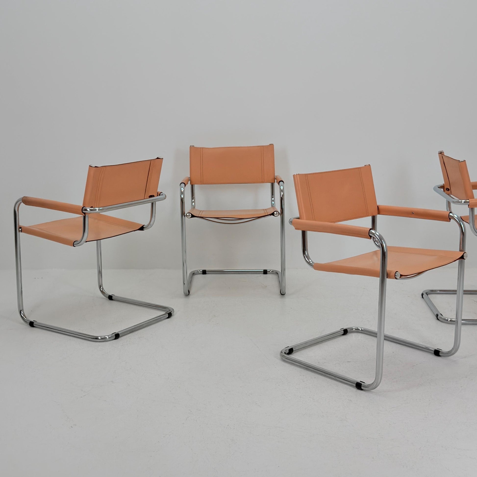 Set of 4 Mid century Bauhaus B34 Tan leather cantilever armchair by Mart Stam italy 1980s