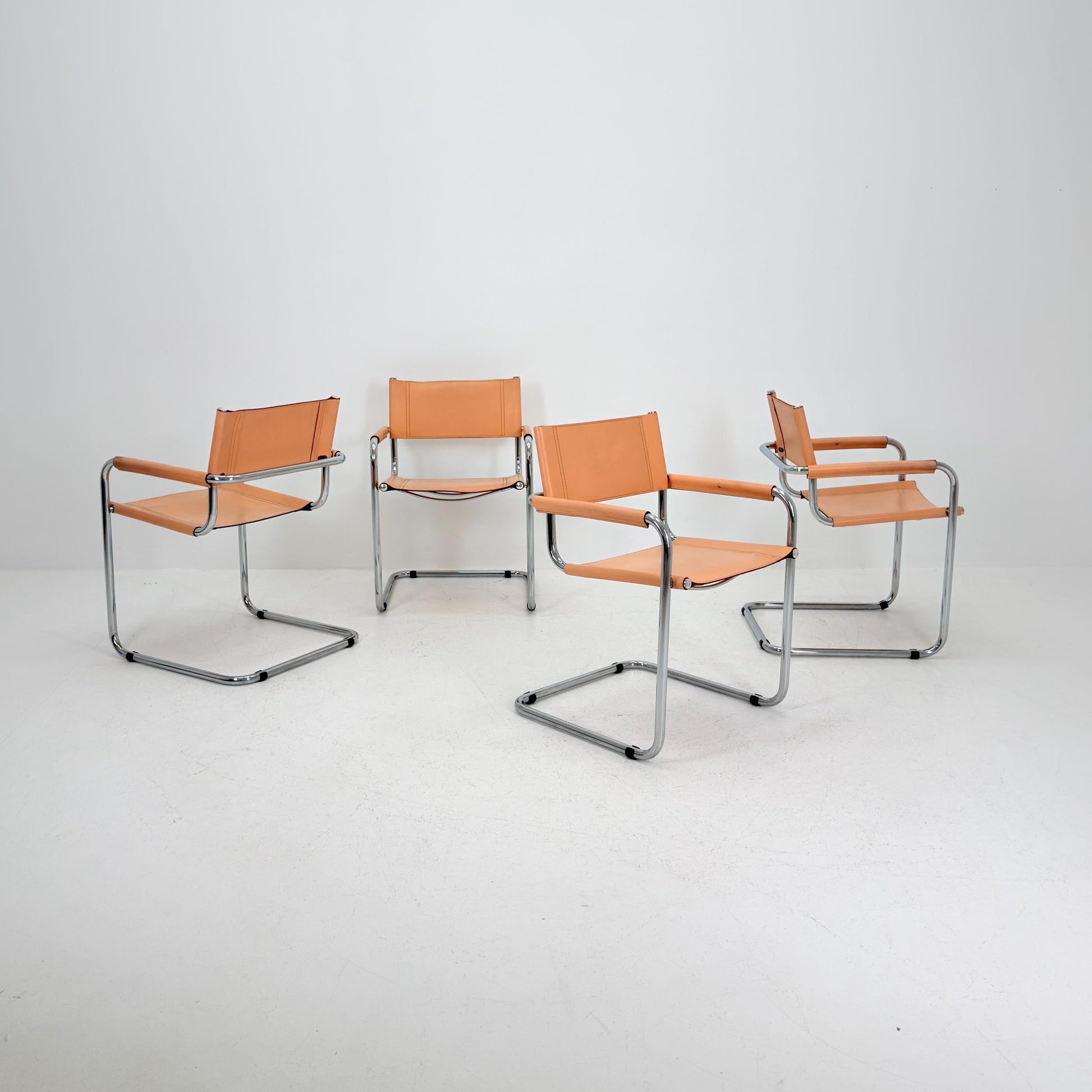 Set of 4 Mid century Bauhaus B34 Tan leather cantilever armchair by Mart Stam italy 1980s