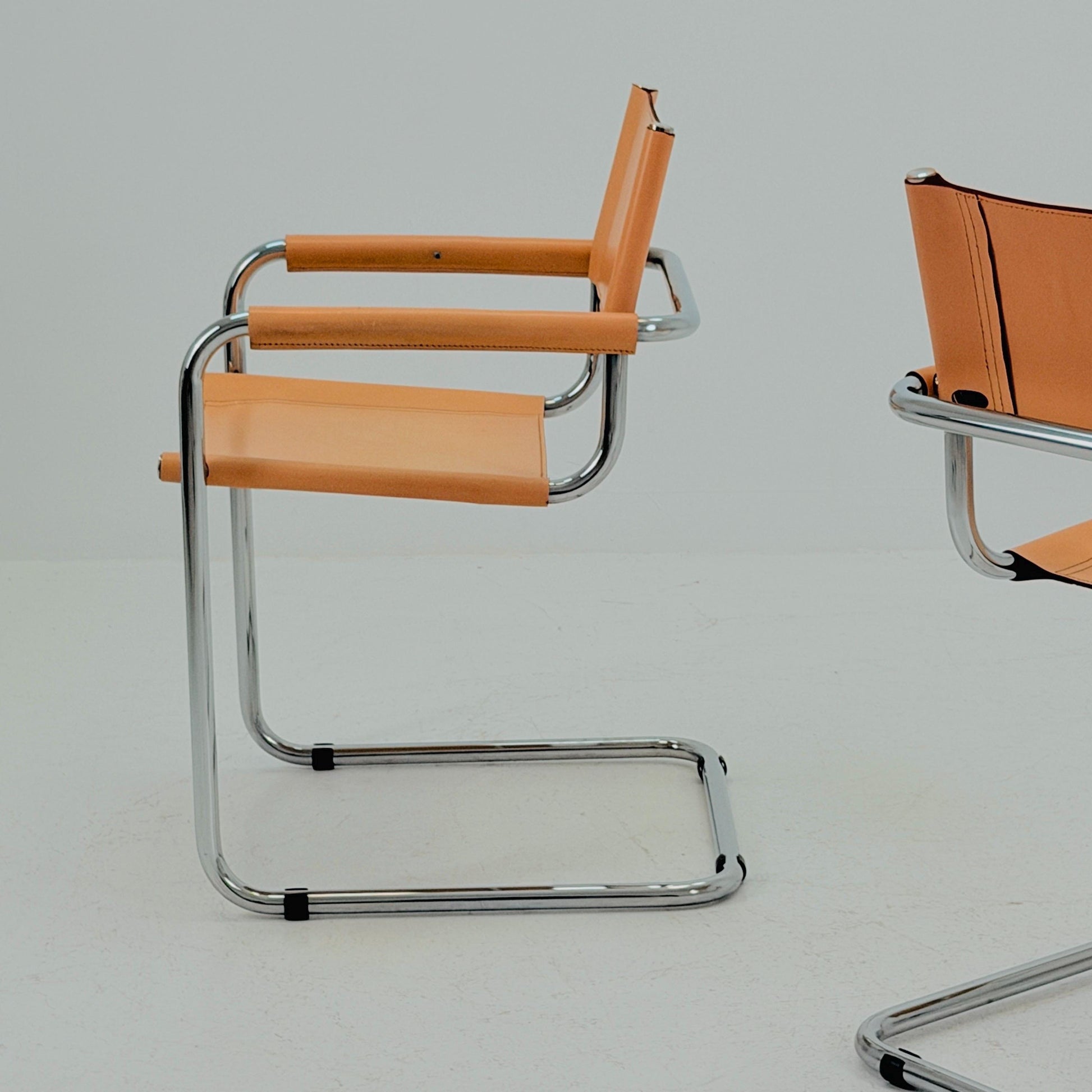 Set of 2 Mid century Bauhaus B34 Tan leather cantilever armchair by Mart Stam italy 1980s