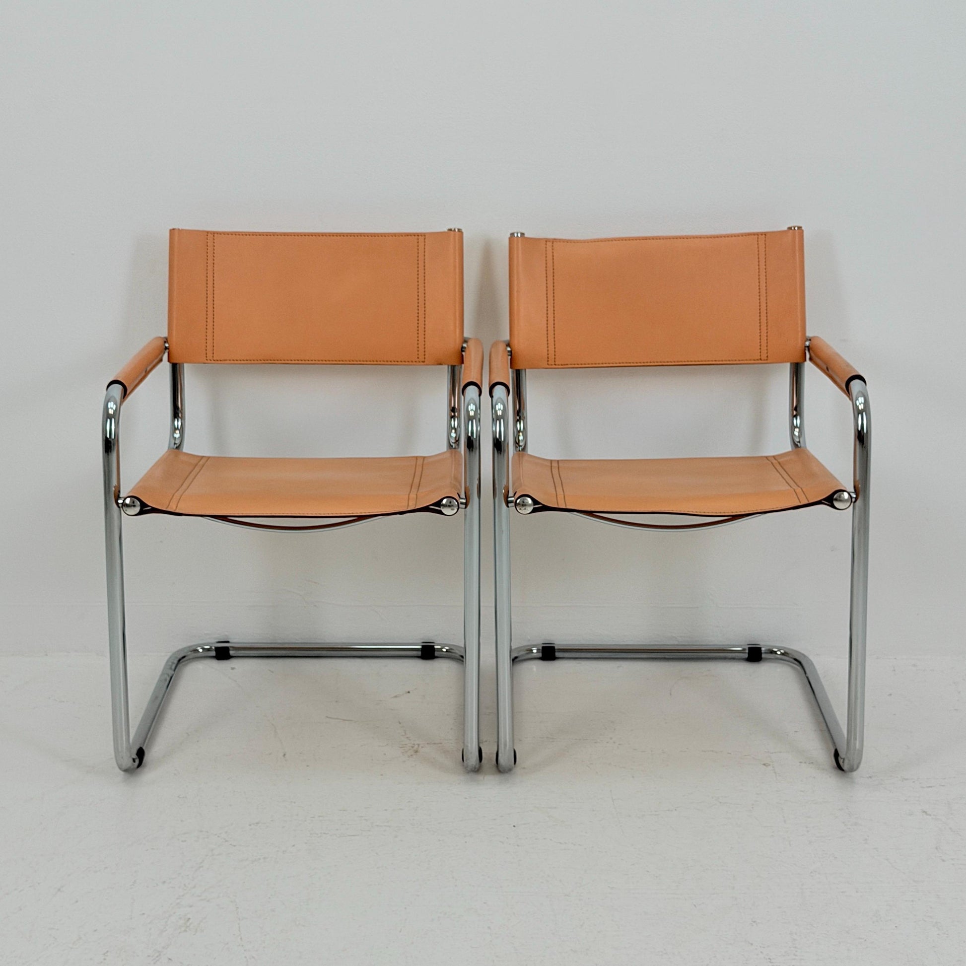 Set of 2 Mid century Bauhaus B34 Tan leather cantilever armchair by Mart Stam italy 1980s