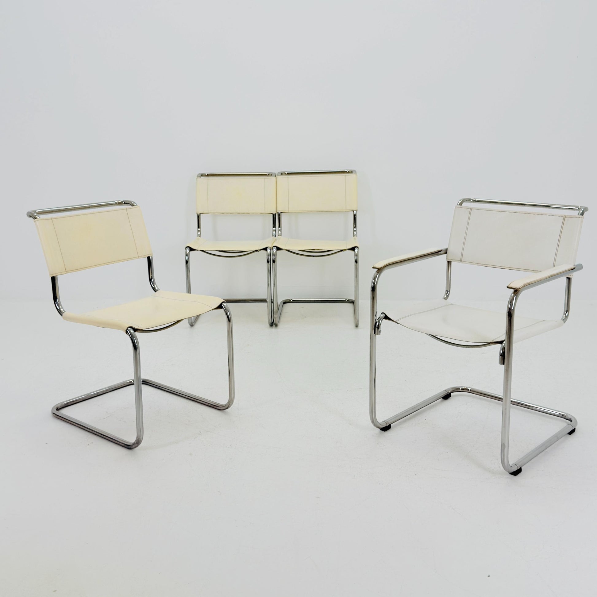 Set of 4 Vintage Thonet S33 & S34 Bauhaus Cantilever Chairs – White Leather – Germany, 1980s