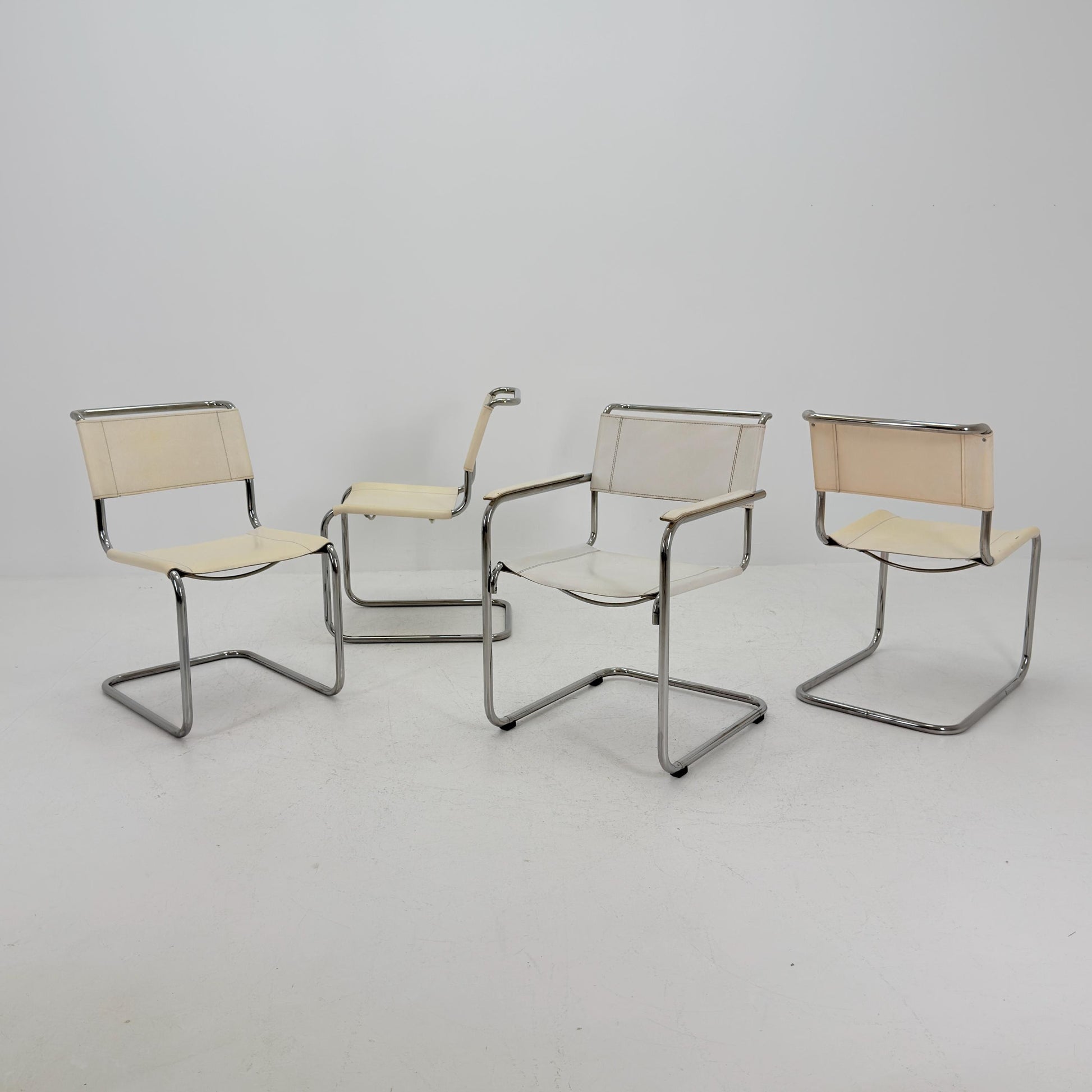 Set of 4 Vintage Thonet S33 & S34 Bauhaus Cantilever Chairs – White Leather – Germany, 1980s